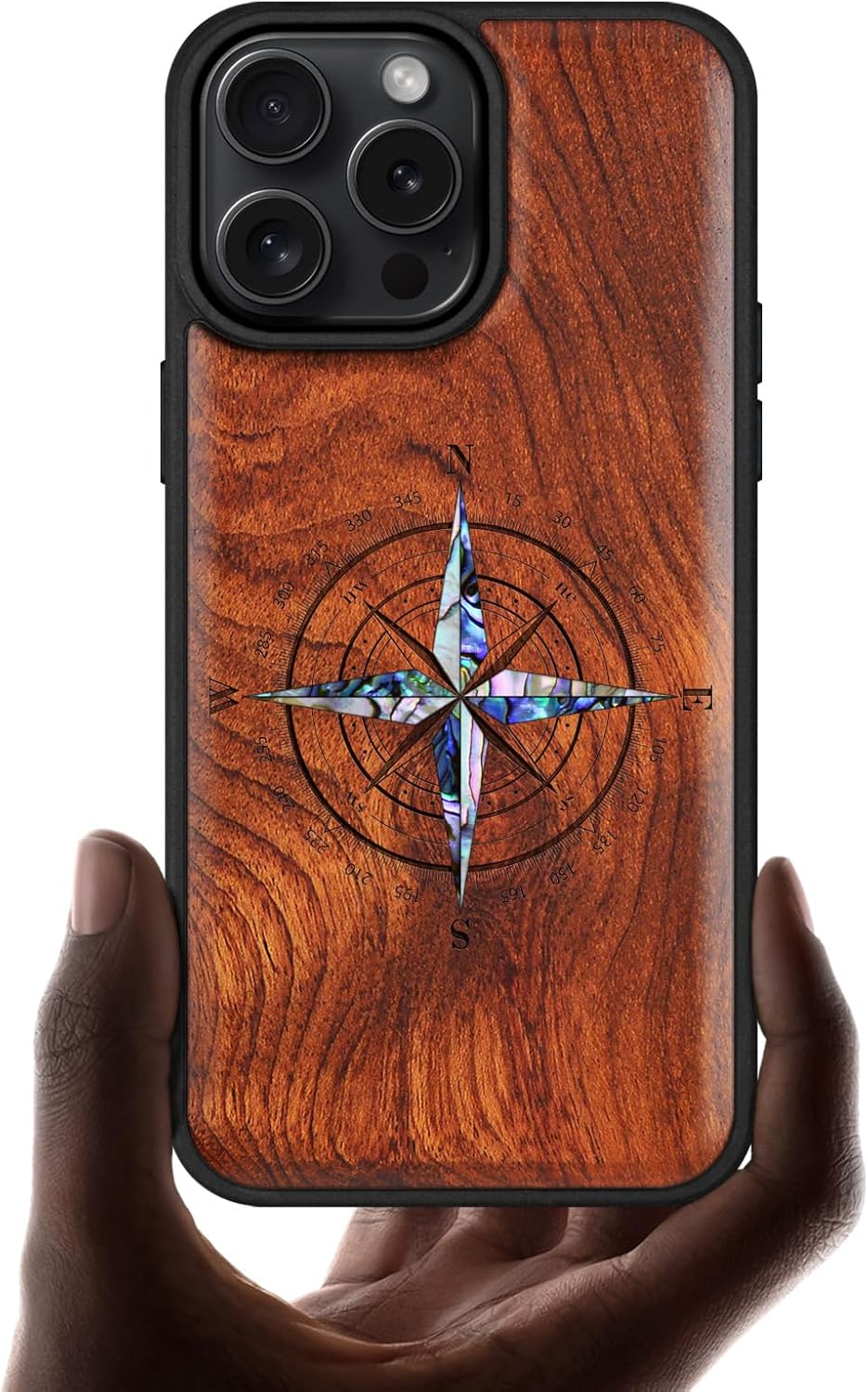 Carveit Magnetic Case for iPhone 16 Pro Max Case, Wood Artisan Engraved & Handmade Shell Inlaid, TPU Shockproof Cover, Compatible with MagSafe Wireless Chargers (Shell Compass) Rosy