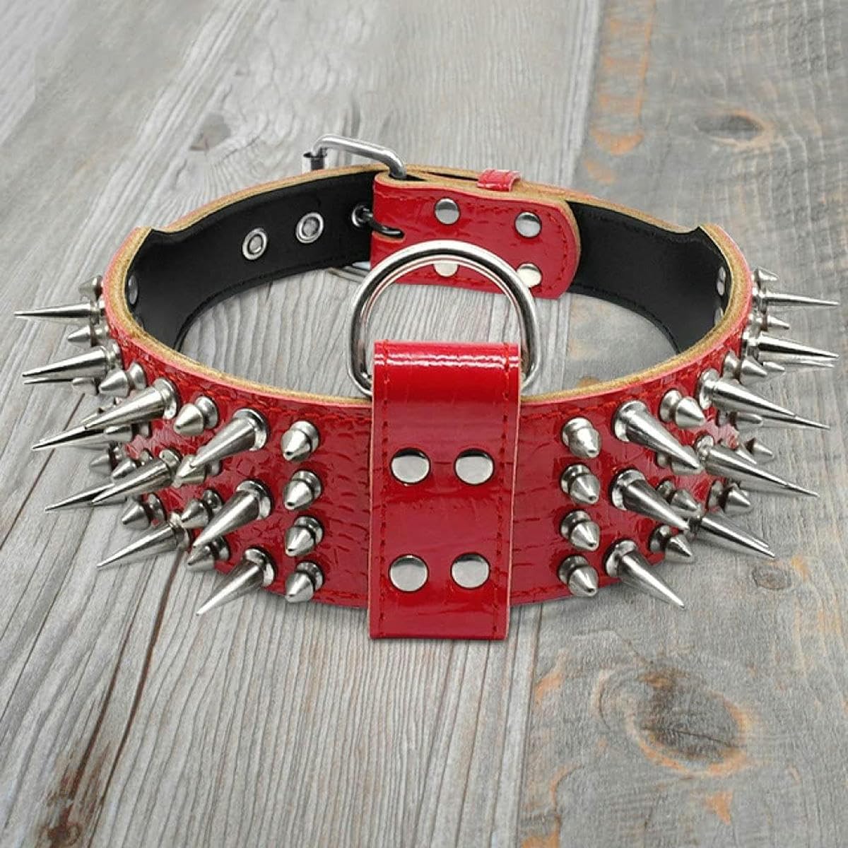 2 Zoll breites Hundehalsband aus Leder mit Spikes und Nieten für mittelgroße und große Hunde, M-XL, rot, XL