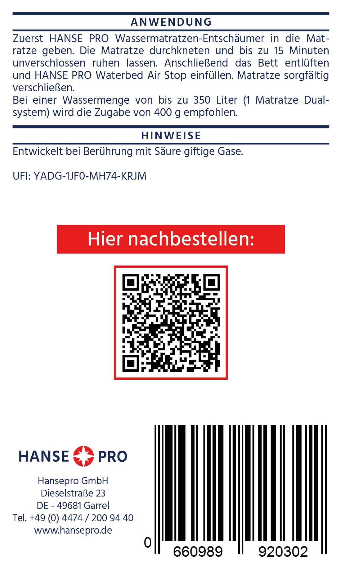 Hanse Pro Waterbed Air Stop (4 x 250 ml) I Luftbinder I Wasserbetten-Pflege I Zubehör für Wasserbett I für alle Wasserbetten geeignet I wirkt effektiv gegen Blasenbildung