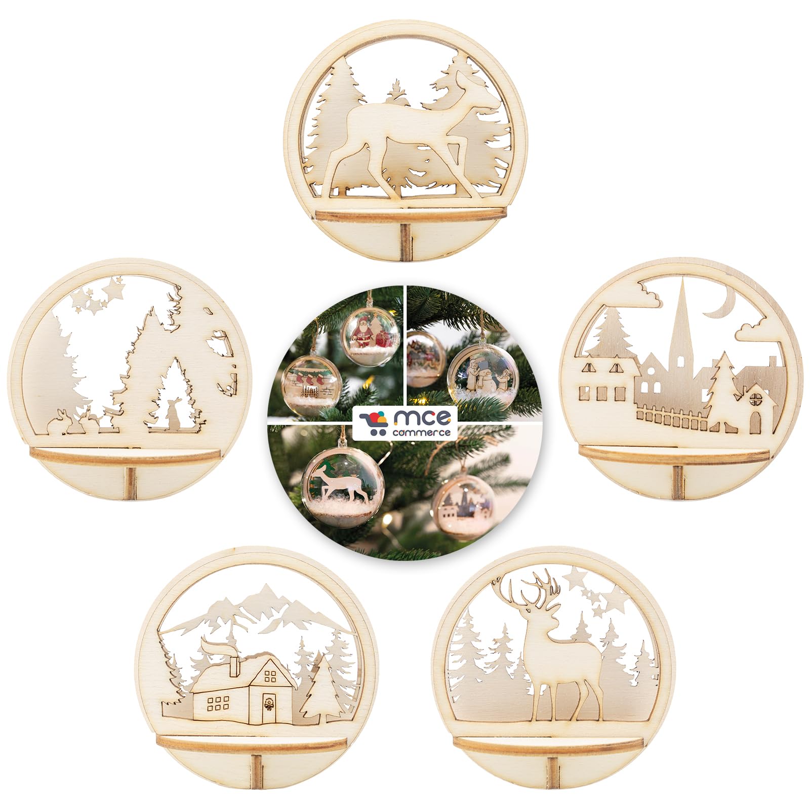 5 Motive Holz Steckteil "Winterwald" für MCE-Commerce Acryl Kugel 8 cm, Natur