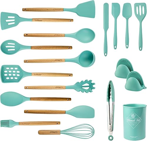 LeMuna Juego de utensilios de cocina de silicona de 18 piezas juego de utensilios de cocina con soporte juego de utensilios de silicona con mango de