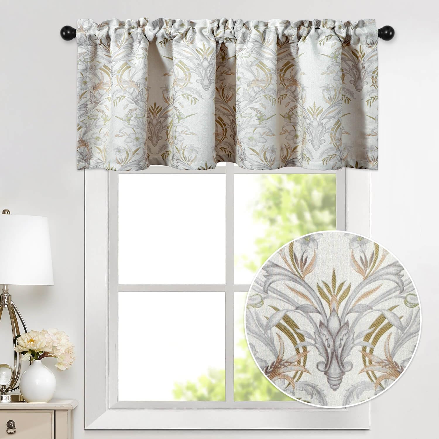 VOGOLDecorative Kitchen Curtain Valance, Floral Leaves Pattern Drapes for Living Room, 1 Panel Light Filtering Rod Pocket Window Treatment, 52 x 18 in