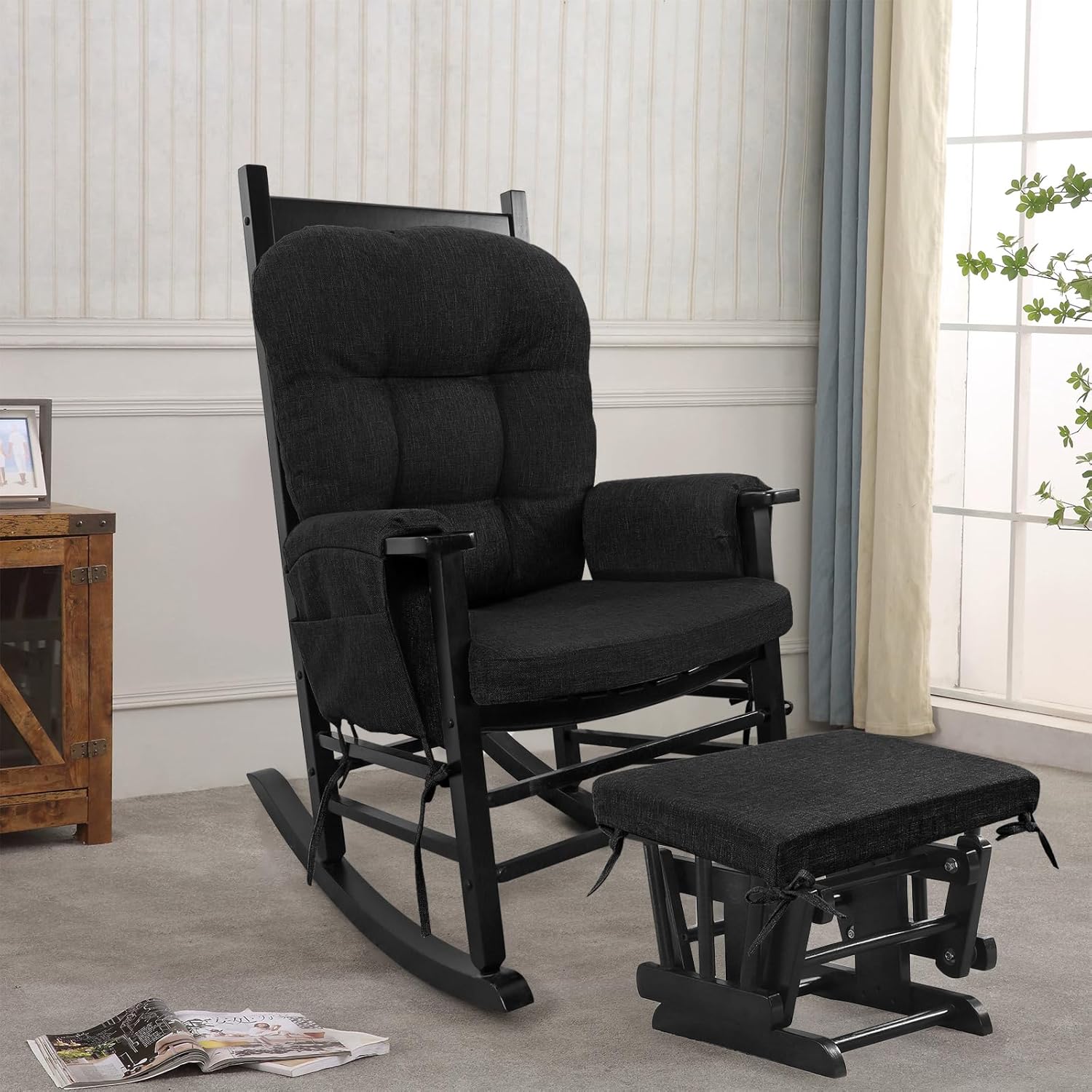 buyue glider rocker replacement cushion 5 pcs with ties, linen high-density foam non-slip & washable rocking chair pads for sitting,black