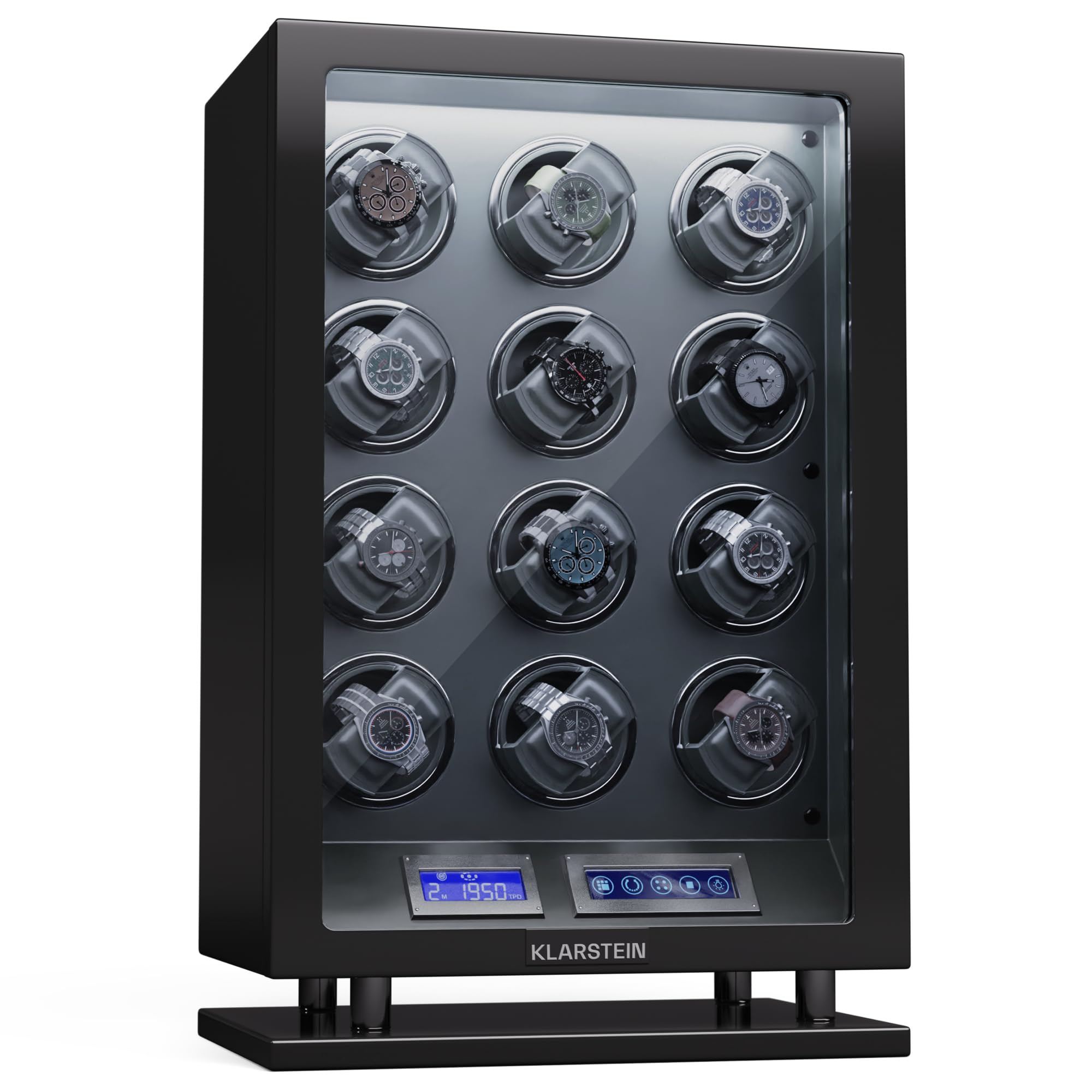 KLARSTEIN watch winder for automatic watches, automatic watch winder for 12 watches, automatic watch winder with acrylic door, automatic watch winder, blue LEDs, watch winder with 5 TPD settings