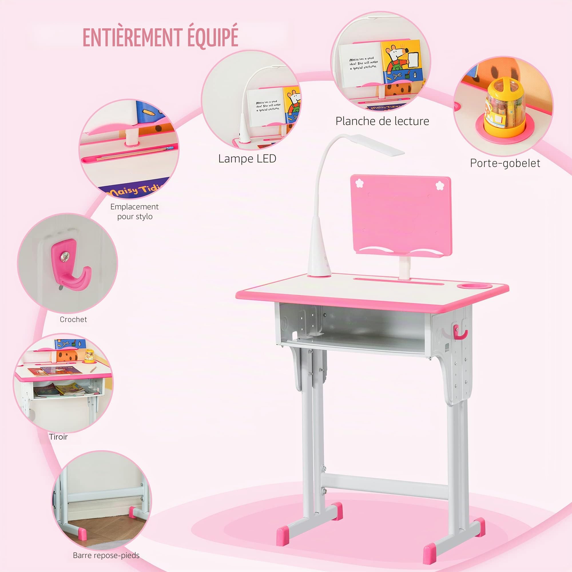 HOMCOM Ensemble Bureau Enfant réglable en Hauteur, Table d'étude, Rose
