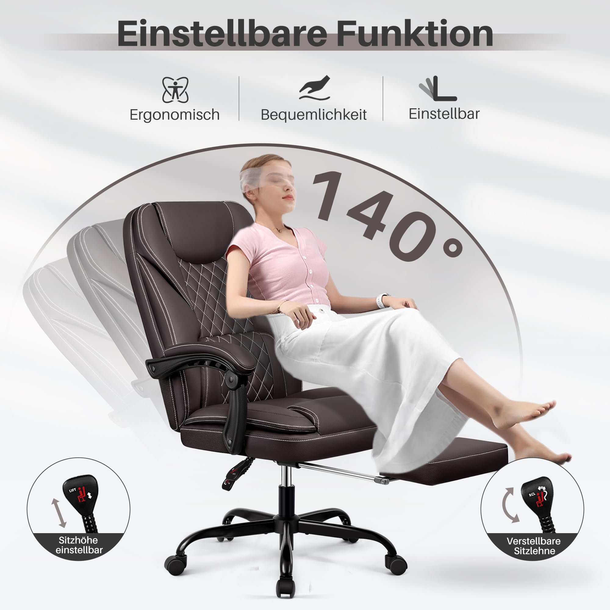 Bürostuhl ergonomischer Schreibtischstuhl bis 140°mit Fußstütze Kopfstütze Wippfunktion Drehstuhl Chefsessel Kunstleder, Grau