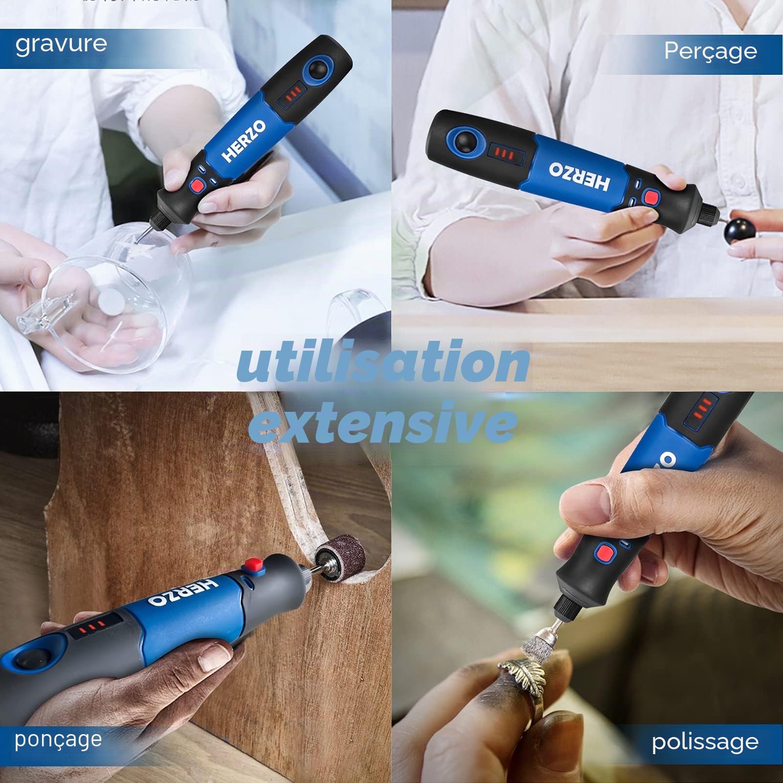 HERZO Outil Rotatif Electrique sans fil Li-Ion (3.7V), 32 pcs Accessoires，recharger par USB, Mini Outil avec 3 Vitesses 5000-15000tr/min Multifunction, pour sculpter/couper/polir