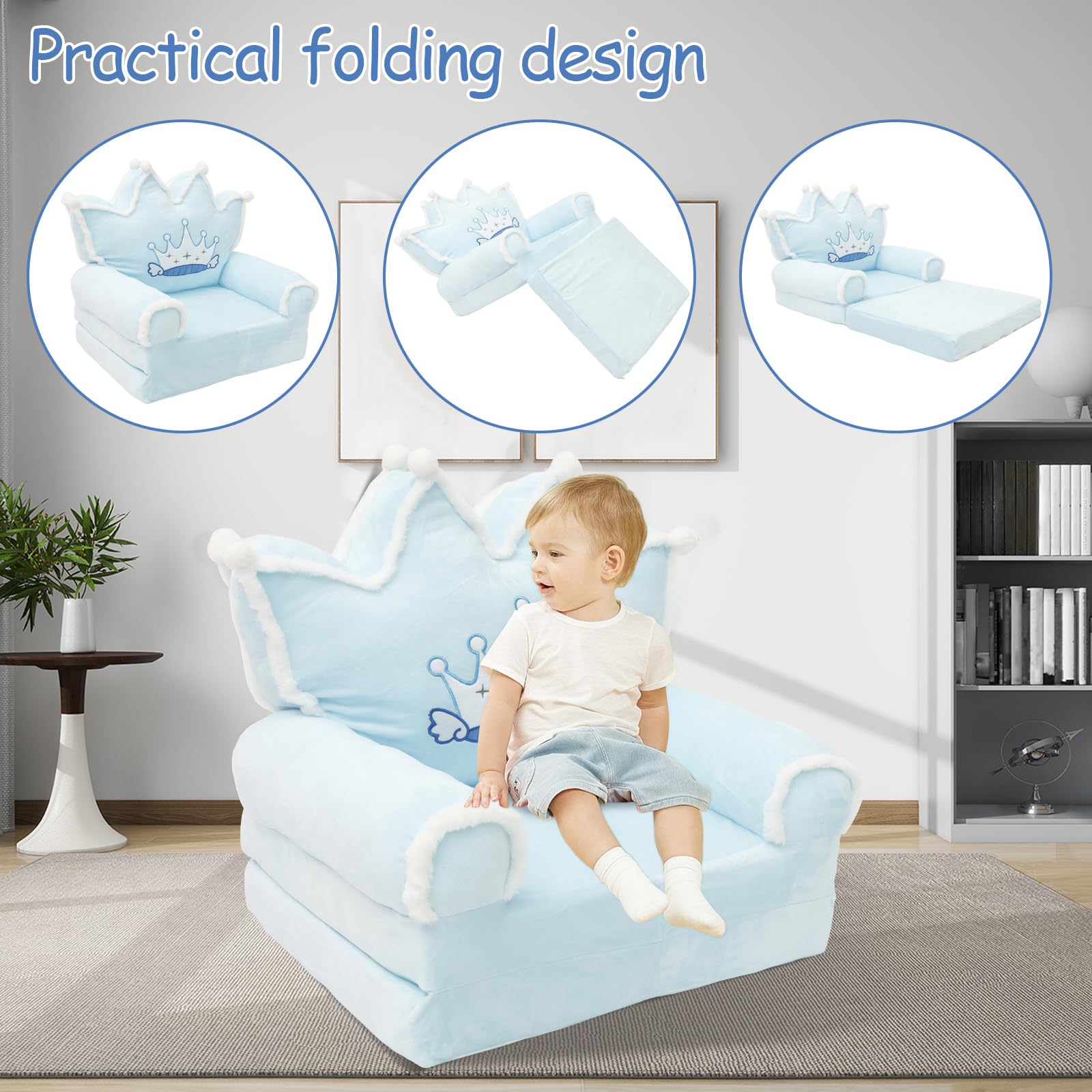 Krzesło dla małych dzieci, wygodna sofa do spania, składana kanapa dla małych dzieci, lekka kanapa dla niemowląt, przenośna kanapa dla dzieci w wieku od 1 do 4 lat (niebieska korona futrzana)