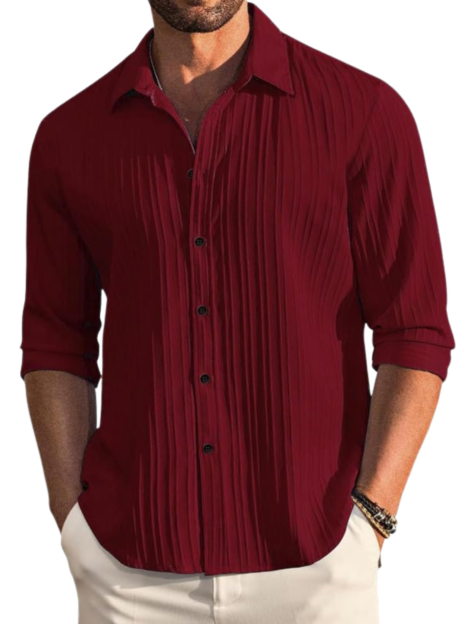DEELMO Men's Casual Button Down Shirts Long Sleeve Linen Shirt Fashion Textured Beach Summer Shirt (in, Alpha, M, Regular, Maroon)