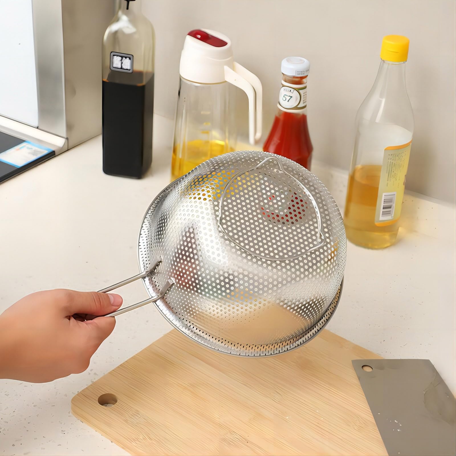 Colador de lavabo de acero inoxidable con asa, colador de cocina, pies de descanso y colador para colar, enjuagar, freír, cocinar al vapor o cocinar verduras y pasta y lavar frutas, 7.68 6