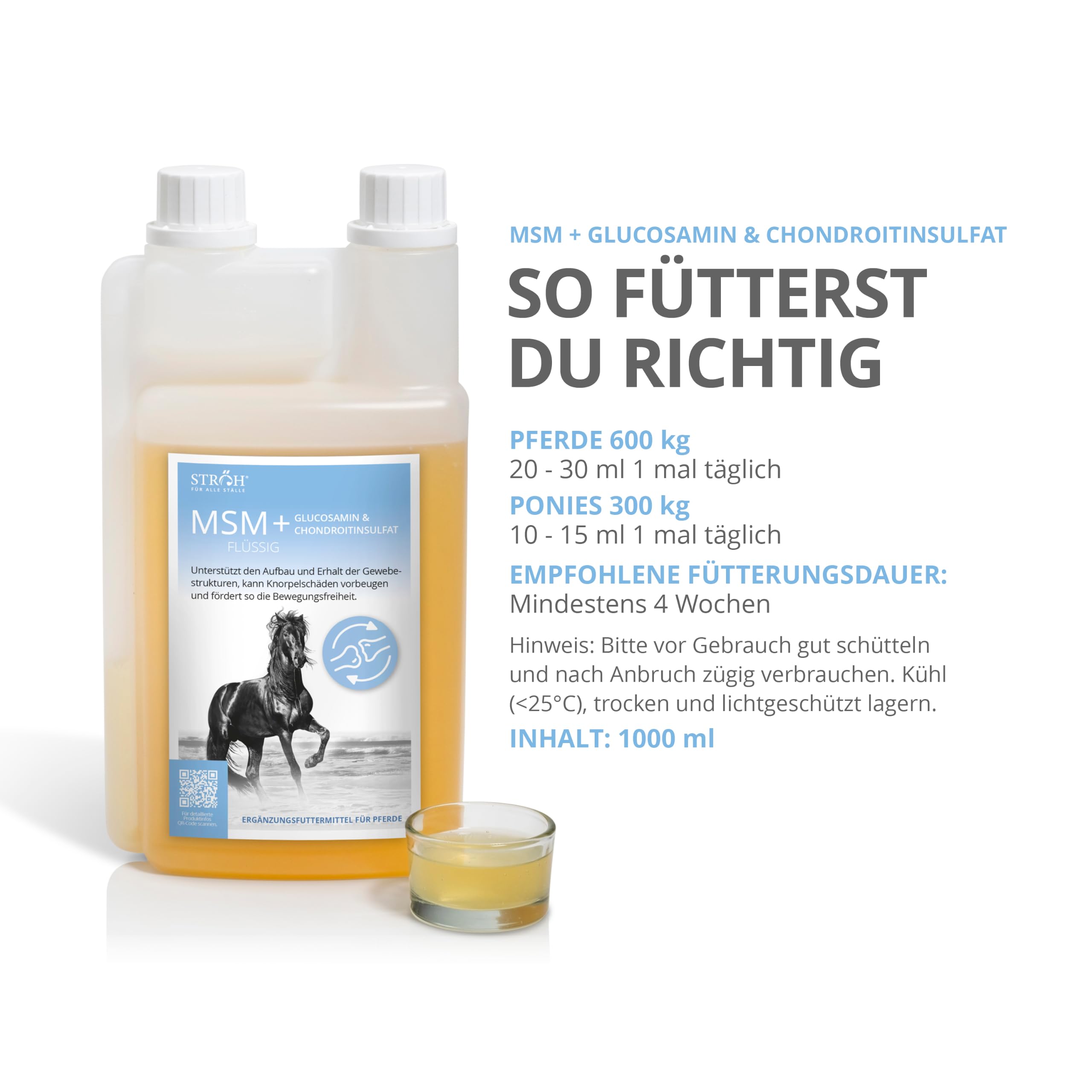 STRÖH MSM flüssig für Pferde - Mit Glucosamin & Chondroitinsulfat - 1L | Für Bänder, Sehnen, Gelenke - Premium Gelenk-Elixier Pferd - Hohe Bioverfügbarkeit - Ergänzungsfuttermittel