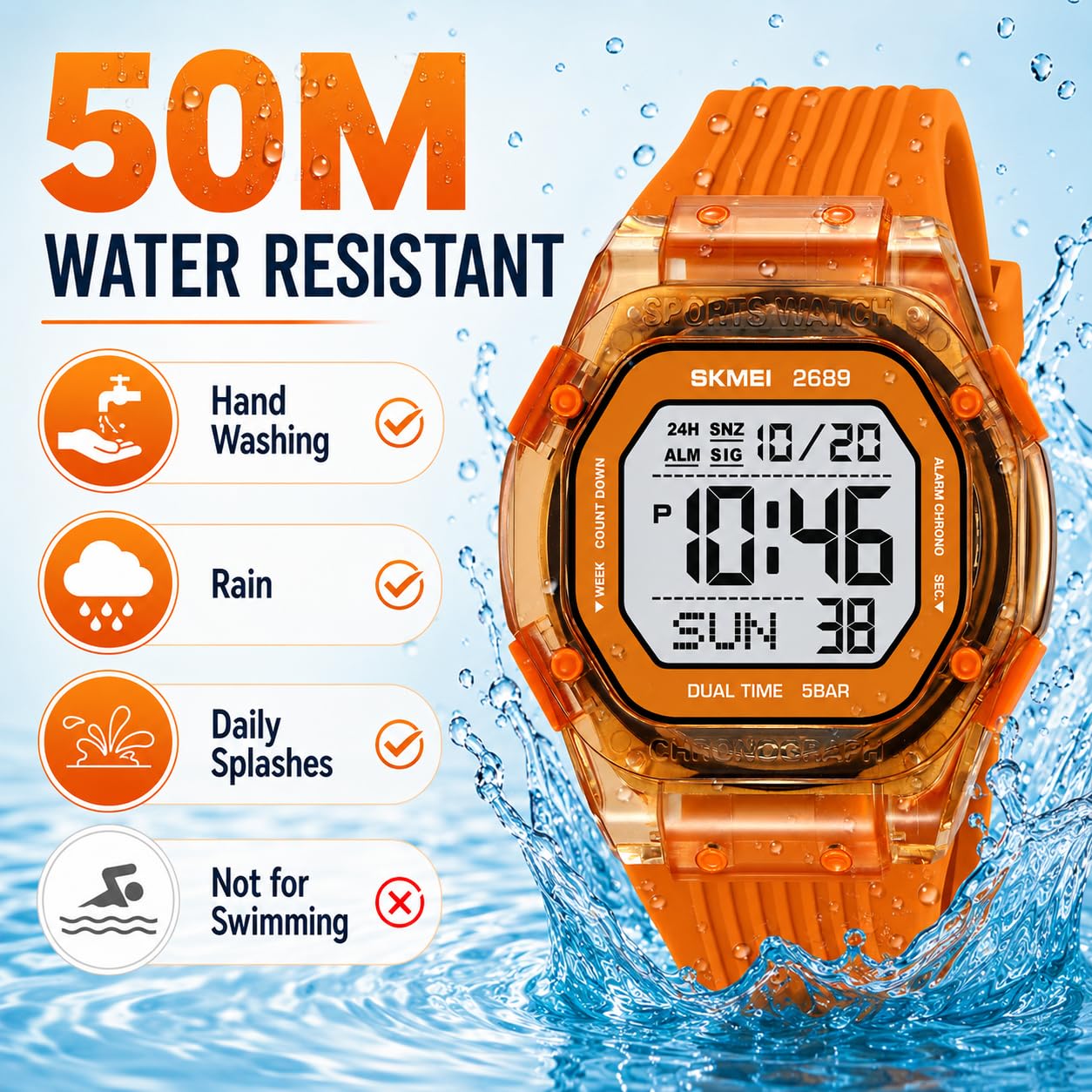 Gosasa Orologio sportivo digitale alla moda, impermeabile fino a 50 m, con cassa quadrata trasparente, leggero, per attività all'aperto, per donne e uomini, con retroilluminazione EL, doppio fuso