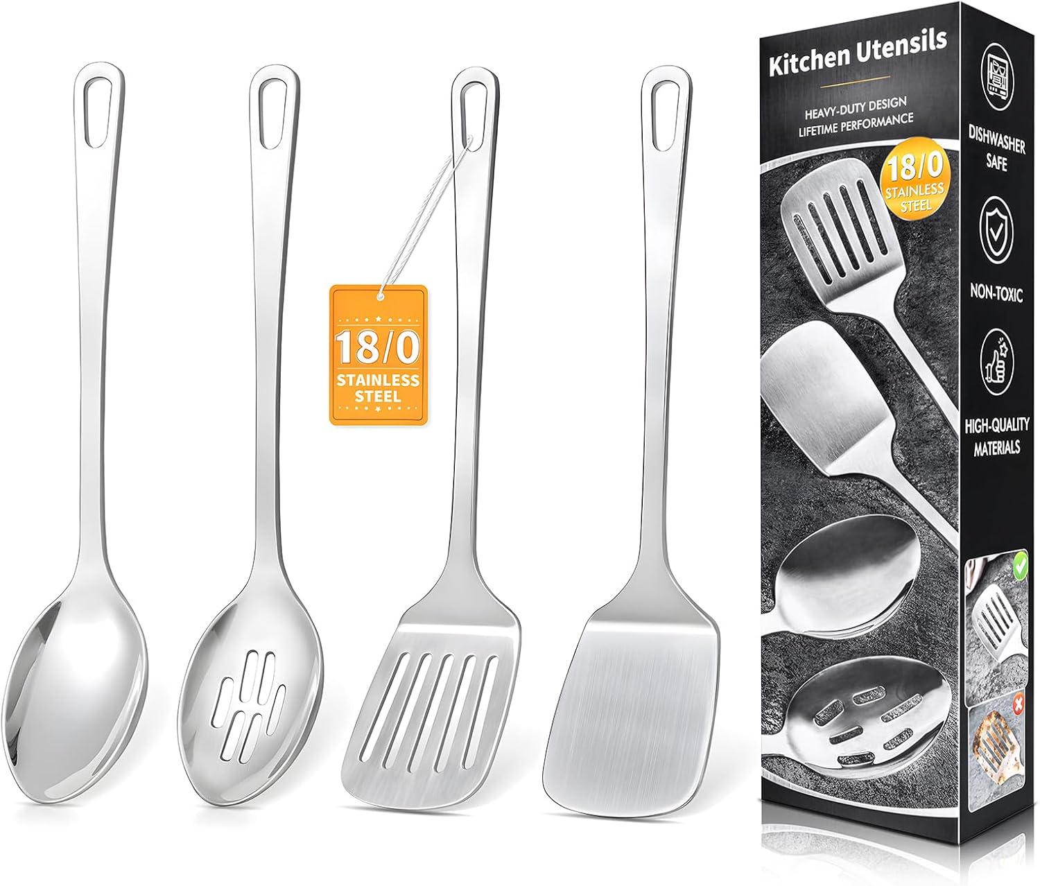 4 Pcs Cooking Utensils Set, Stainless Steel Kitchen Utensils, Heat Resistant Metal Kitchen Tools Include Solid & Slotted Turner Wok Spatula, Serving Spoon, Ergonomic Handle, Easy to Clean, Silver 4 Pcs Cooking Utensils Set, Stainless Steel Kitchen Utensils, Heat Resistant Metal Kitchen Tools Include Solid & Slotted Turner Wok Spatula, Serving Spoon, Ergonomic Handle, Easy to Clean, Silver