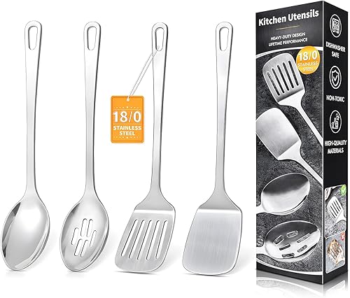 Miniatura 1 de Juego de 4 utensilios de cocina de acero inoxidable, herramientas de cocina de metal resistentes al calor, incluye espátula Wok sólida y ranurada,