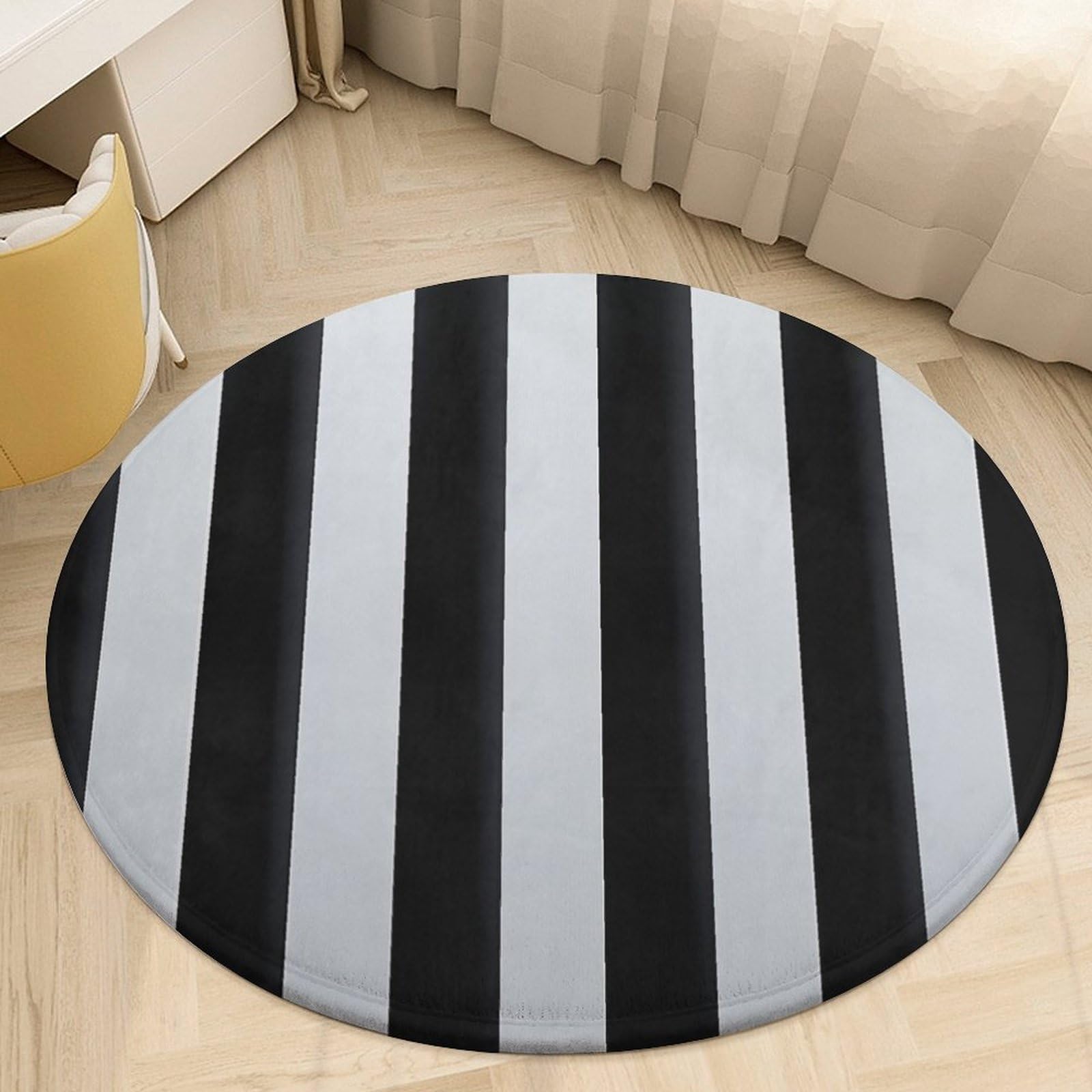 Tapis rond à rayures noir et blanc lavable pour salle de bain et salon