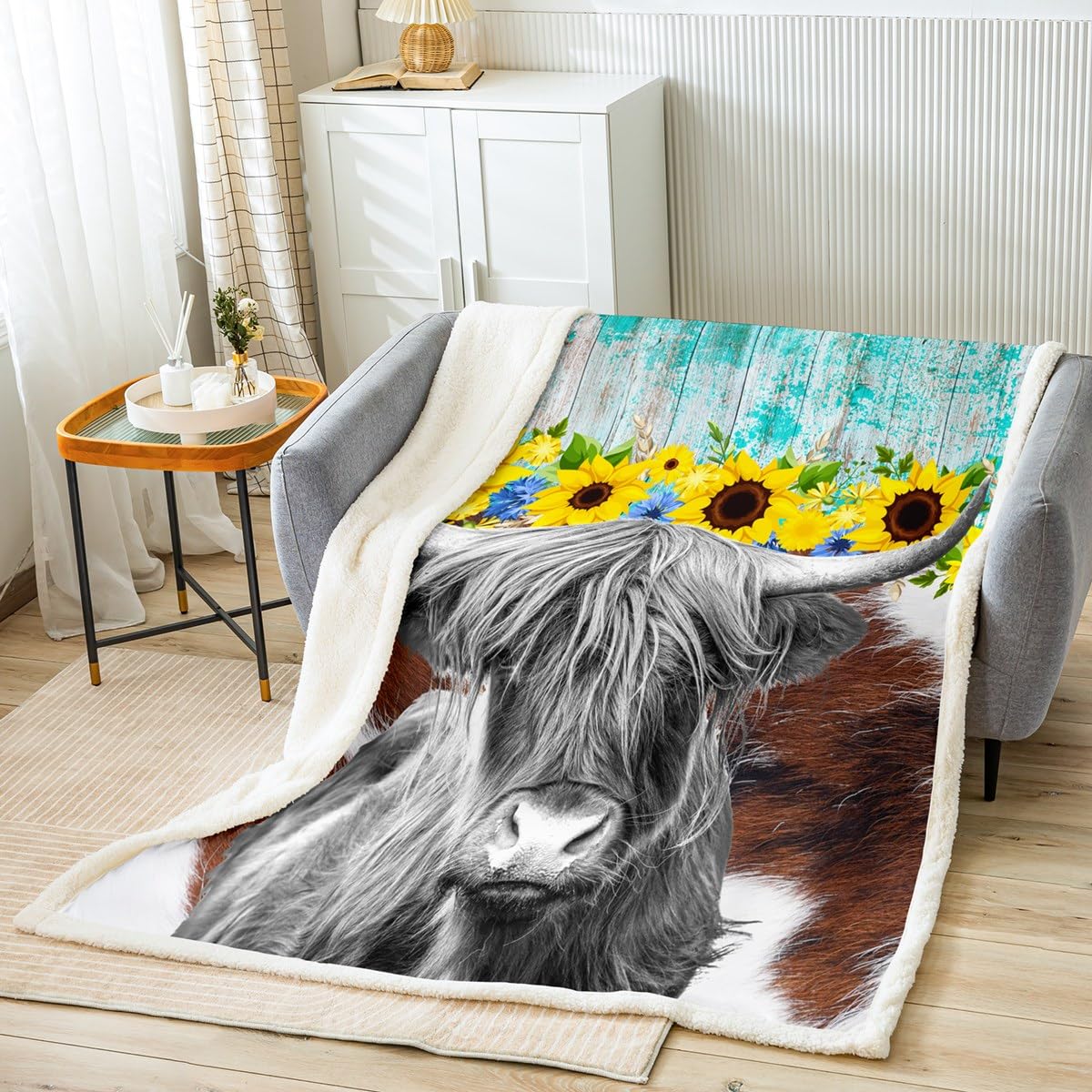 Homemissing Multicolored 13237 Cowhide Highland Cow Sherpa Blanket Sunflower Highland Cattle Plush Blanket Western Farm Animal Fleece Throw Blanket For Kids Vintage Wooden Plank Fuzzy Blanket Double 60X79 Inch