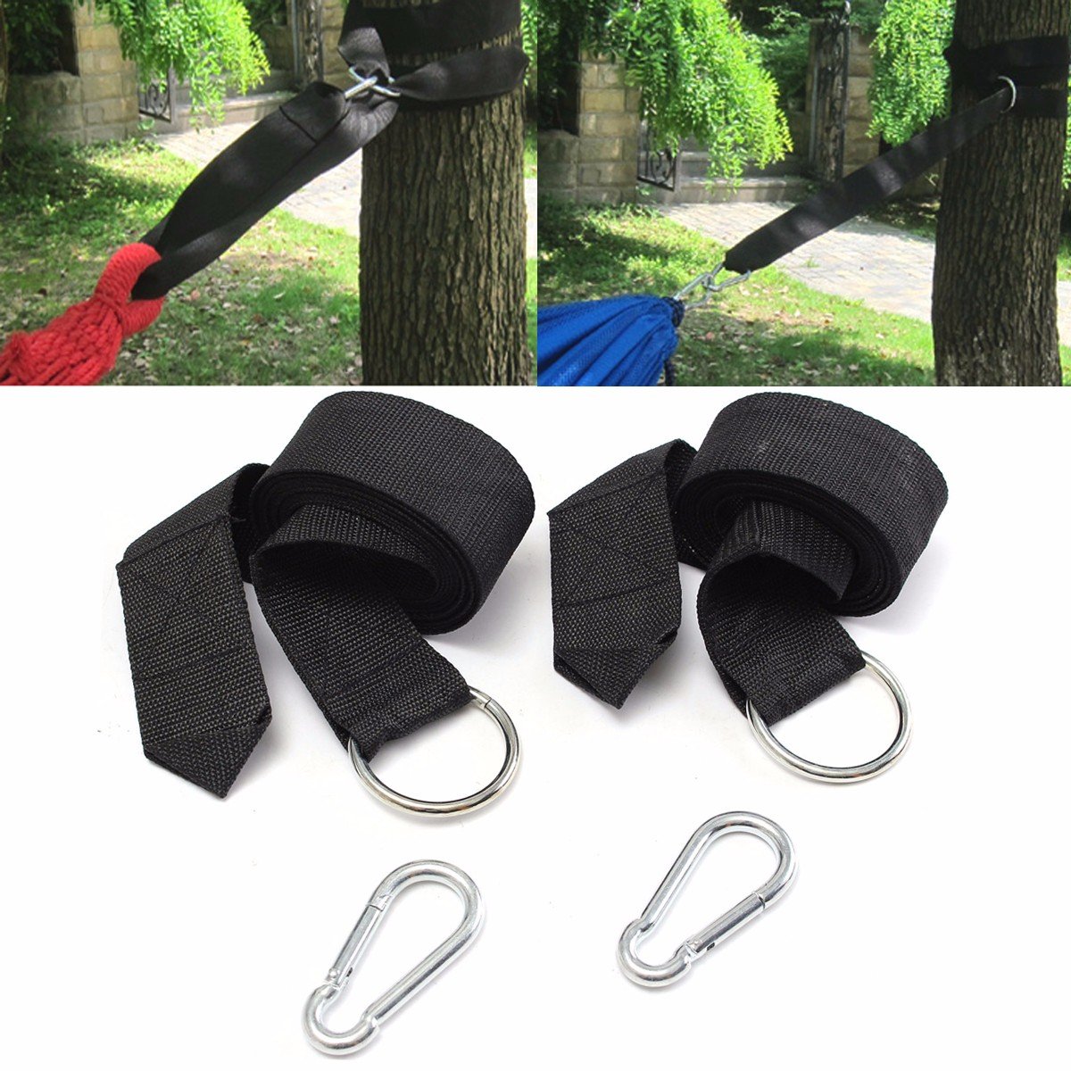 OUTERDO 1 para hamaków z 2 karabińczykami, hamak outdoorowy, zestaw do mocowania, zestaw do mocowania, 300 x 5 cm, maks. pojemność 500 kg