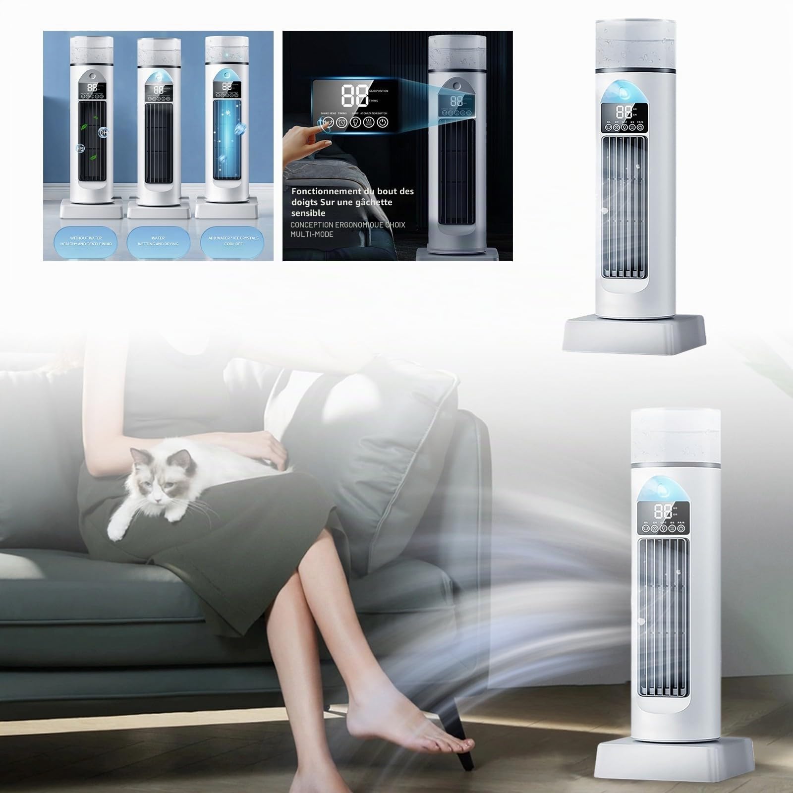 Climatiseur portable, rafraîchisseur d'air 3 en 1, ventilateur portable et humidificateur, avec télécommande, 4 modes 3 vitesses de ventilation, mini climatiseur pour chambre/bureau.