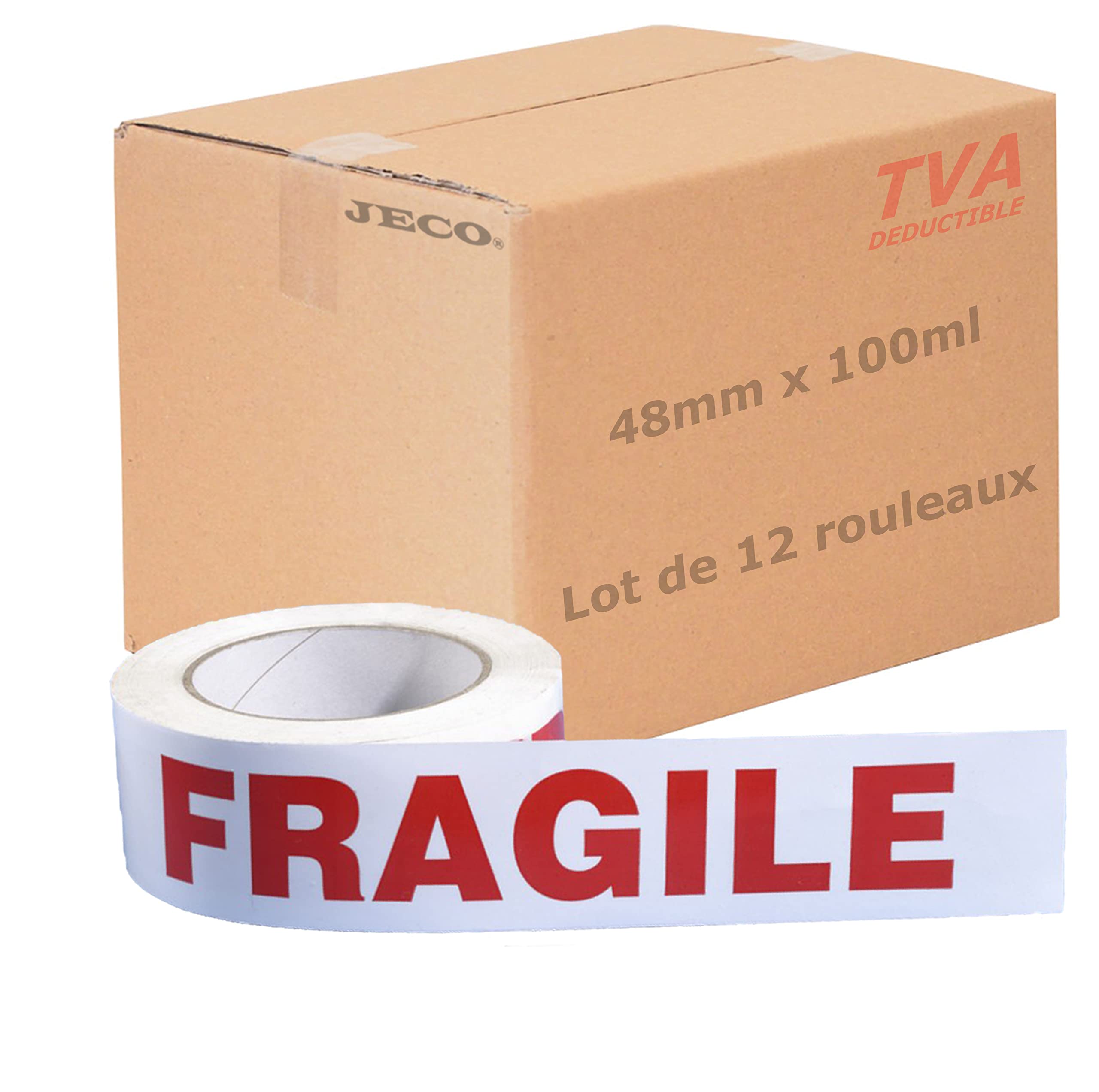 JeCo - Lot de 12 rouleaux de ruban adhésif imprimé fragile 48mm x 100 m pour la sécurité et la signalétique de vos envois expédition emballage carton
