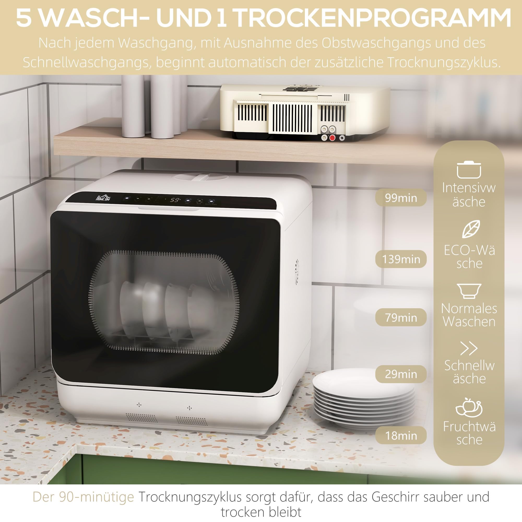 HOMCOM Tischgeschirrspüler Mit/Ohne Wasseranschluss Benutzbar Mini Weiß | Mini Geschirrspüler, Platz für 4 Maßgedecke, 6 Programmen, Eingebautem 6-Liter-Wassertank, für Büro, Camping, Wohnmobil