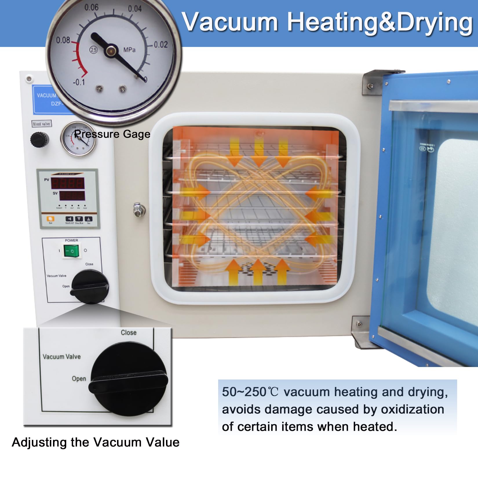 HayWHNKN 1.9 Cu Ft Lab Digital Vacuum Drying Oven 110V 122-482 F° Vacuum Drying Heat Treat Oven Temperature Control