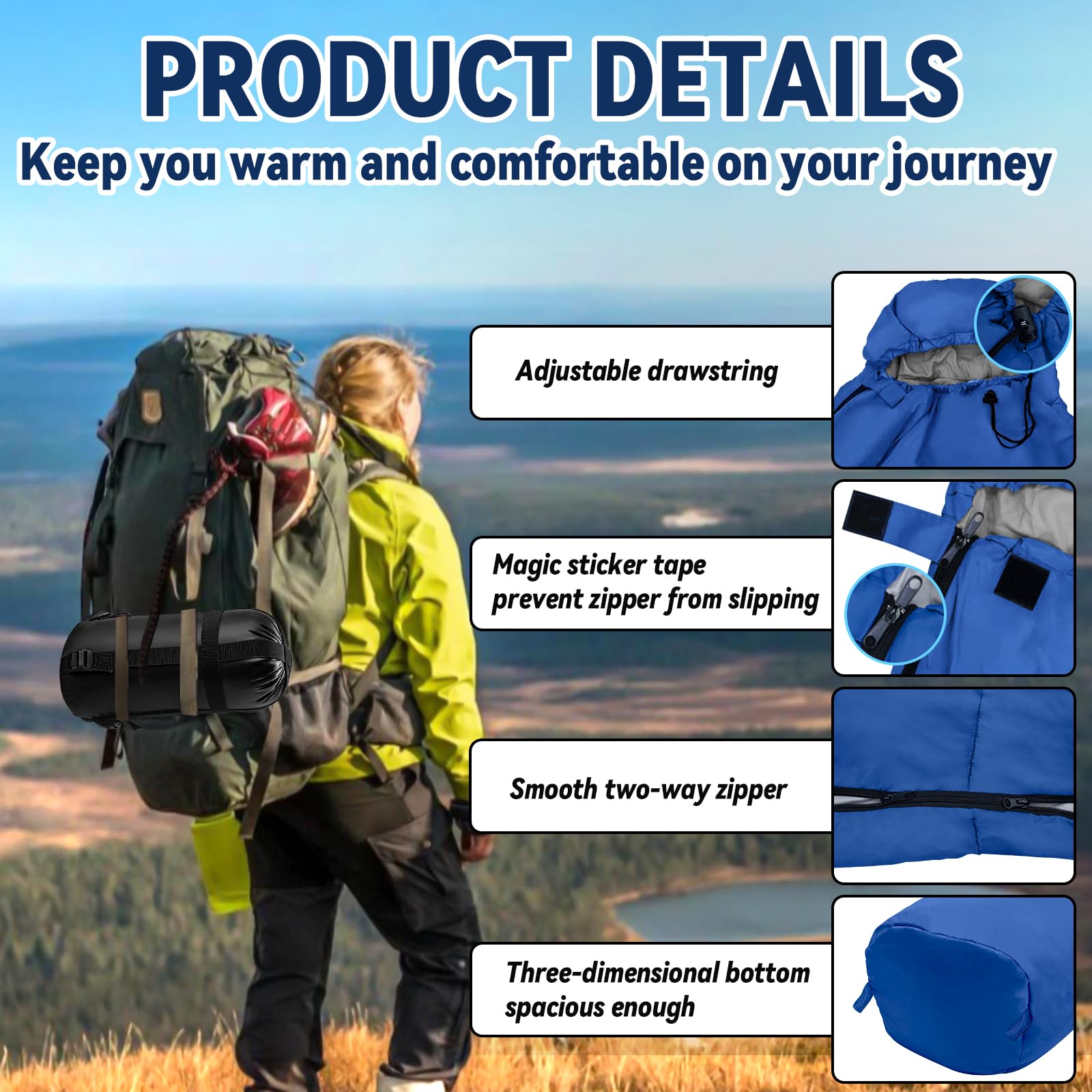 Sac de Couchage Adultes Estival Léger, 100 g/m², 3 Saisons, Sac de Couchage Compact Sarcophage, Adulte Momie pour Camping, Randonnée, Backpacking -220x80x50cm