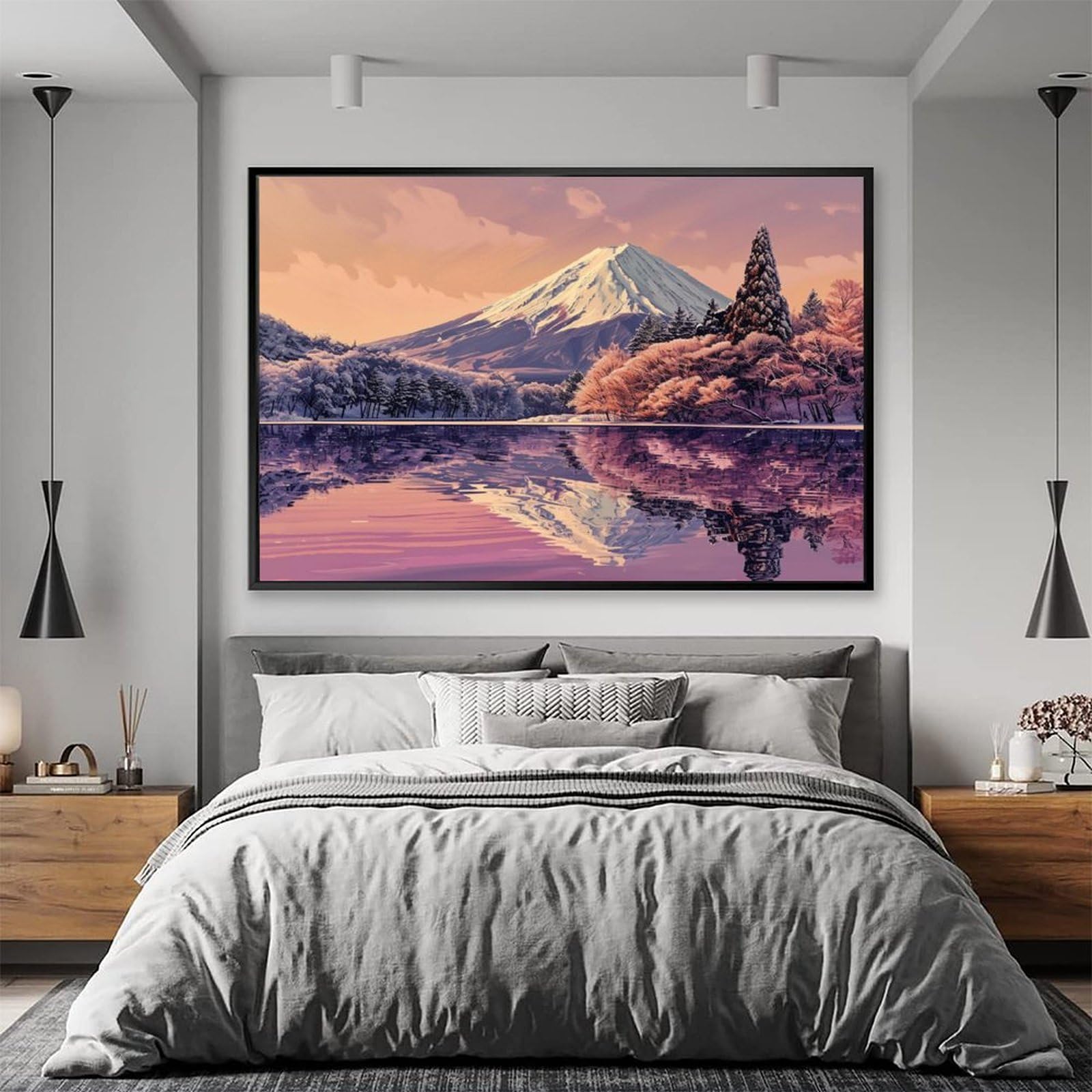 Amazon.co.jp: 絵画 湖に映る富士山と木々 アートパネル ポスター 紫色