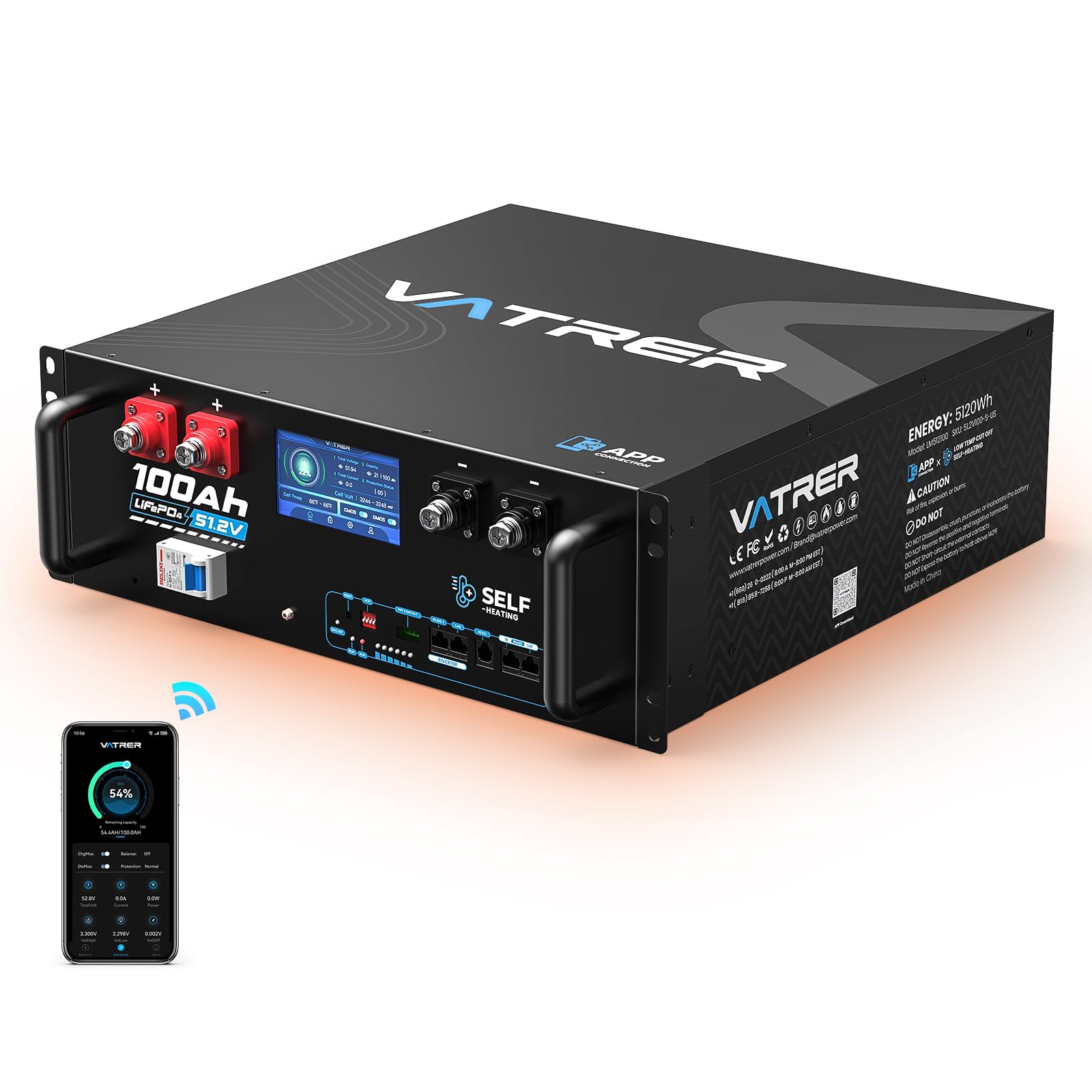 VATRER POWER Batteria LiFePO4 51,2V 100Ah CAN/RS485 Display Touch | BMS Smart 100A·5120Wh Energia Utilizzabile·5000+ Cicli·Accumulo Domestico,Fotovoltaico & Backup