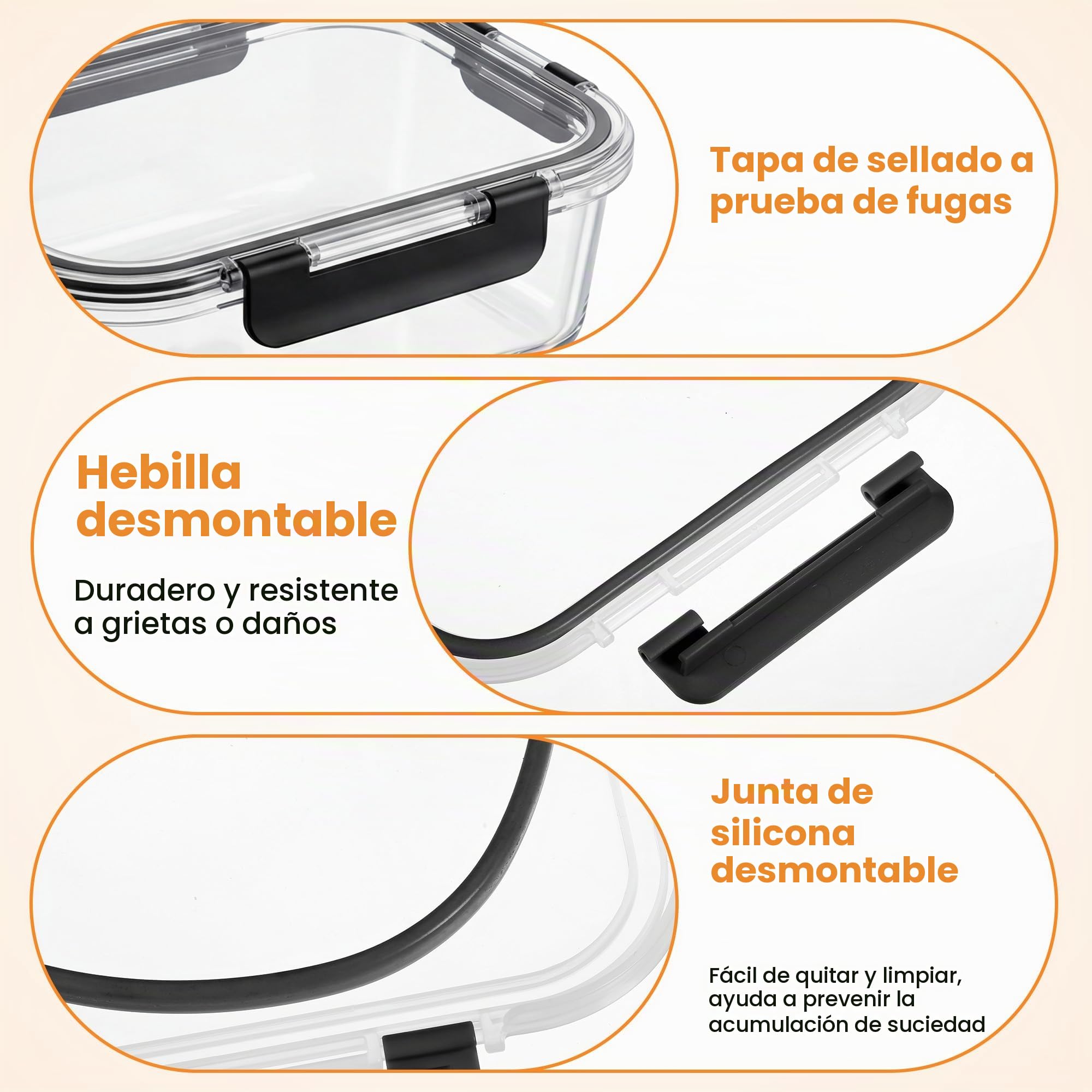 Zocipro 5 Pack 1000 ml Tupper Cristal Grande Hermético con Tapa, Meal Prep Containers, Tuppers de Vidrio, Glass Food Storage, Potes de Vidro, Fiambreras de Vidrio, Microondas Horno Congelador