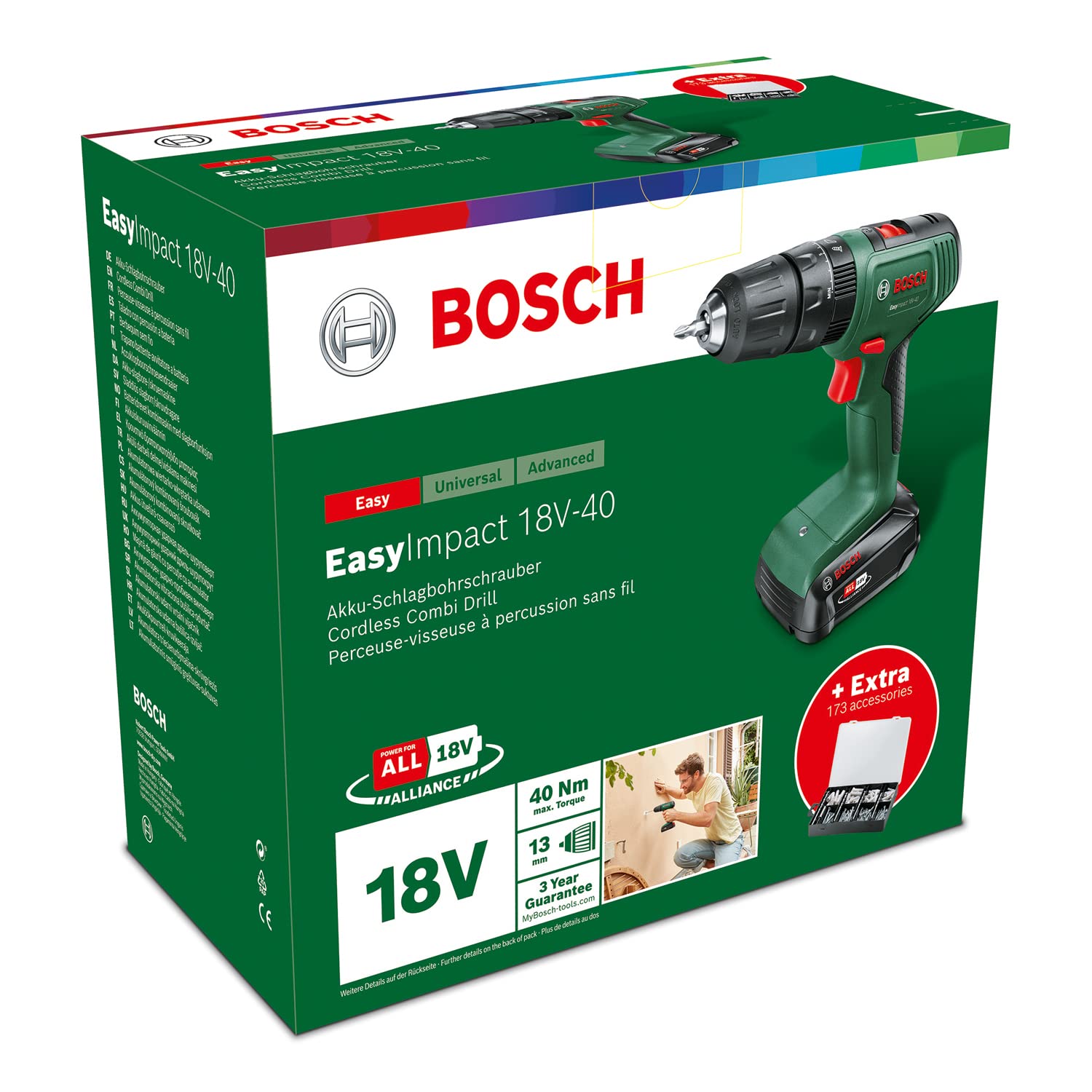 Bosch Home and Garden Trapano con percussione a batteria EasyImpact 18V-40 (1 batteria da 2,0 Ah, sistema 18 volt, set di fissaggio da 173 pz, in custodia), Mandrino 13mm - Amazon Exclusive