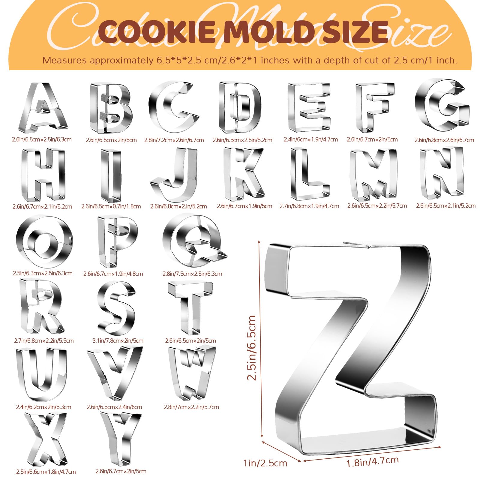 Juego de 26 cortadores de galletas grandes de 6,6 cm con letras del alfabeto, de acero inoxidable, para fondant, herramientas de galletas para Navidad, cumpleaños, vacaciones, pasteles