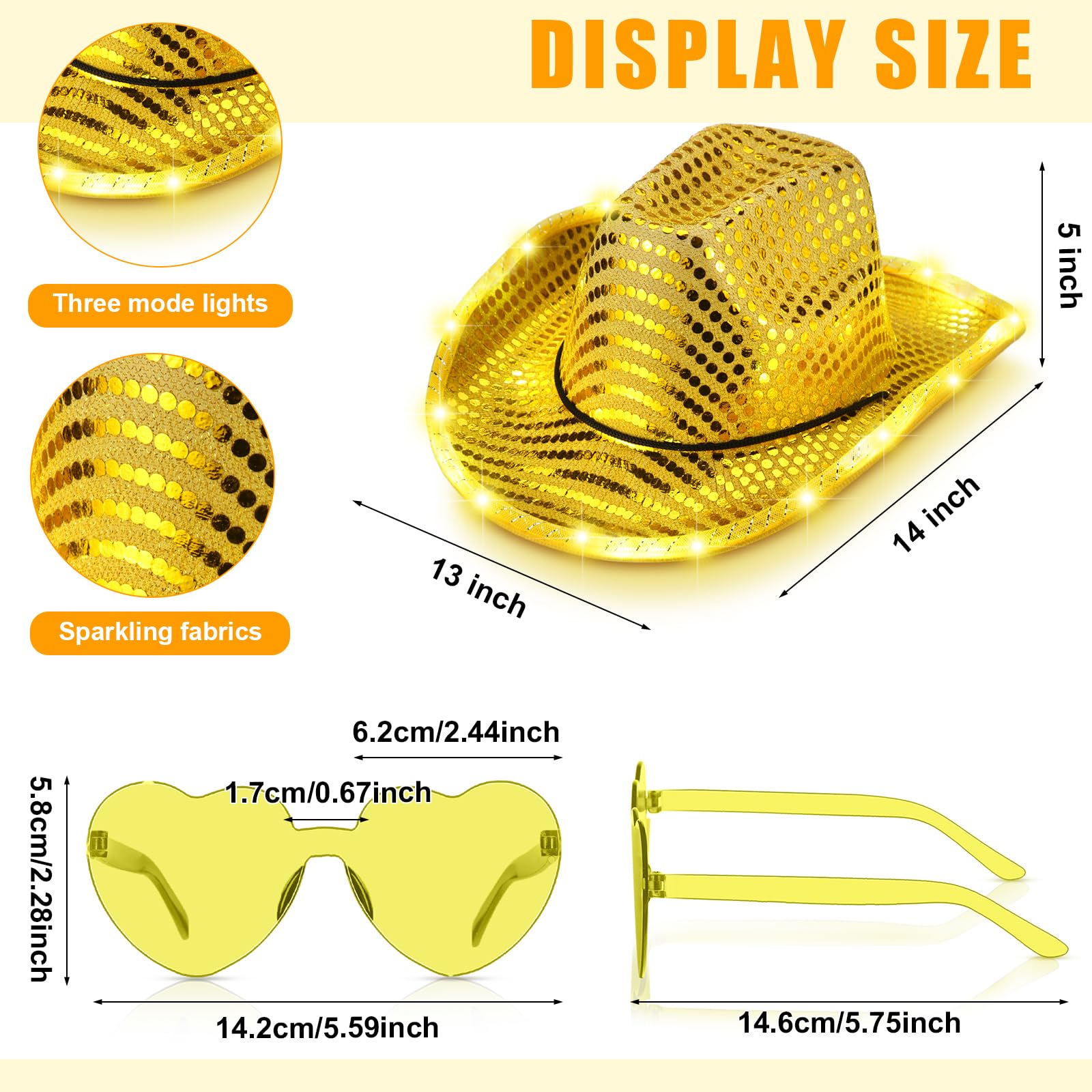 Zhanmai 6 Set LED Cowboy Hat Light Up Glitter Cowboy Hat with Sunglasses Sequin Space Cowgirl Hat for Women Men Costume (Yellow)
