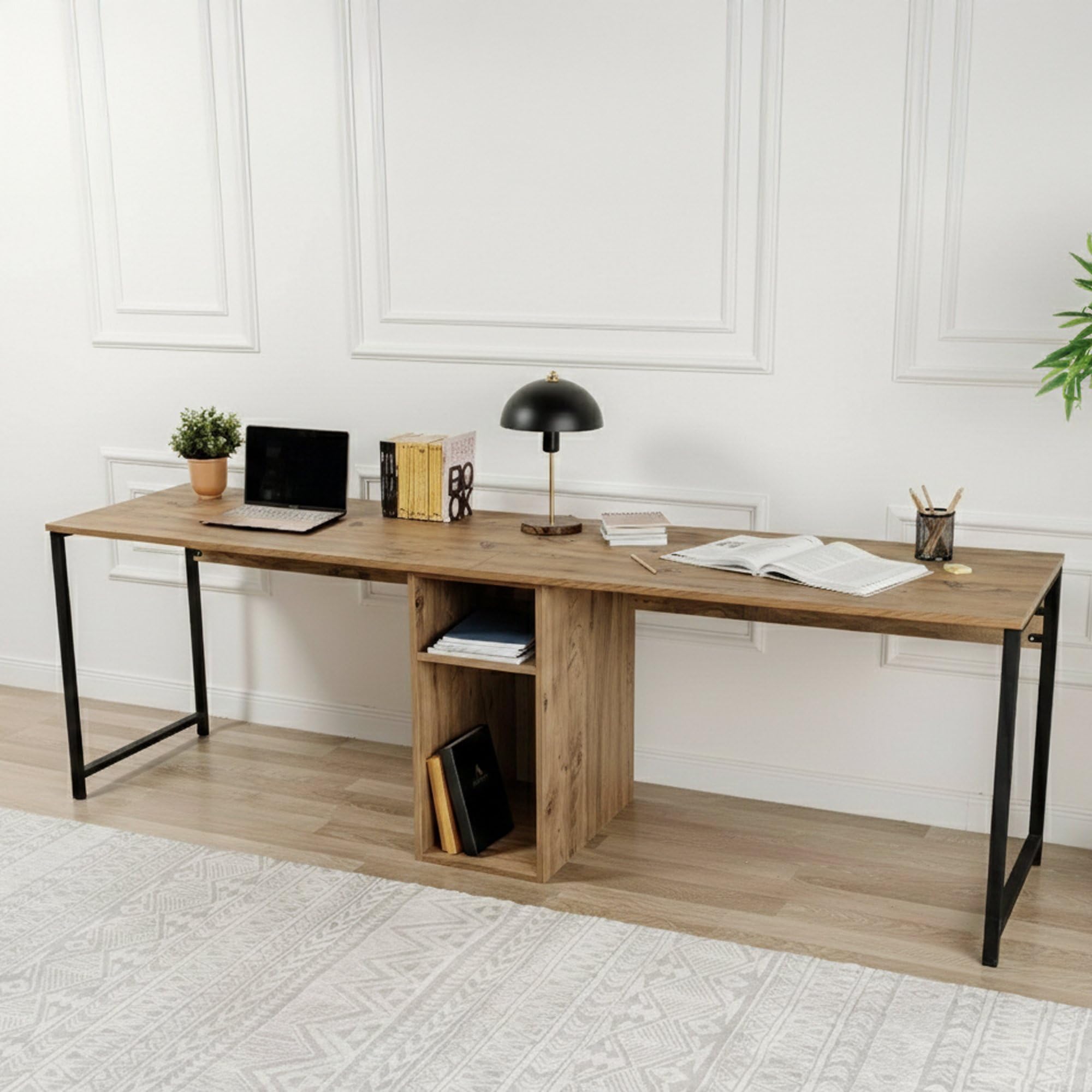 Dmora - Scrivania Caprioli, Scrittoio Multiuso, Tavolo per Ufficio Porta PC, Piano di Lavoro, 240x60 h74 cm, Pino e Nero