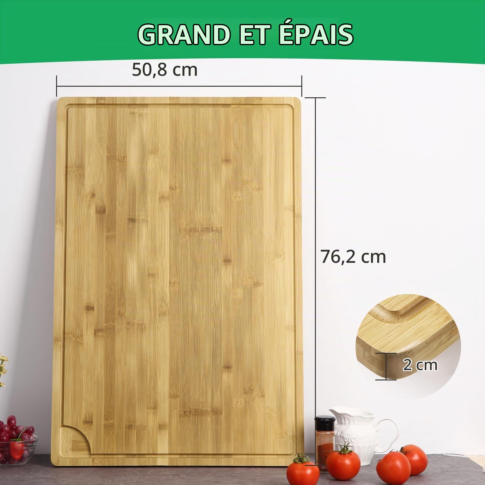 Planche à découper en bois - 76 x 51 x 2 cm - En bambou - Avec poignées et rainure profonde - Idéale pour les couteaux - Rectangulaire - Utilisable des deux côtés - Pour viande, légumes et pain