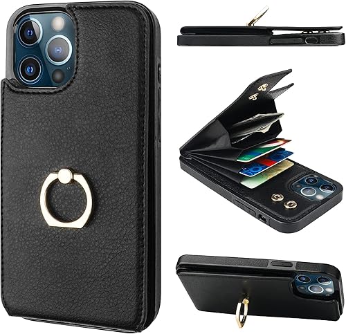 Miniatura 10 de Folosu Funda compatible con iPhone 12 Pro Max con soporte para tarjetas, rotación de 360°, soporte de anillo de dedo con función atril, protección
