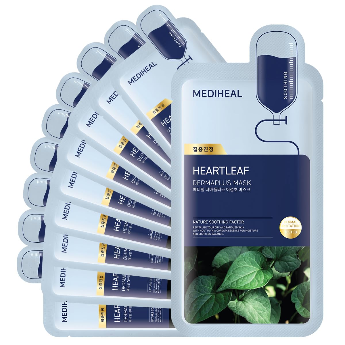 Mediheal Dermaplus Heartleaf Mask (10 Counts) - Daily Vegan Mask for Soothing Skin with Panthenol & Hyaluron, Korean Self Skin Care Sheet Mask