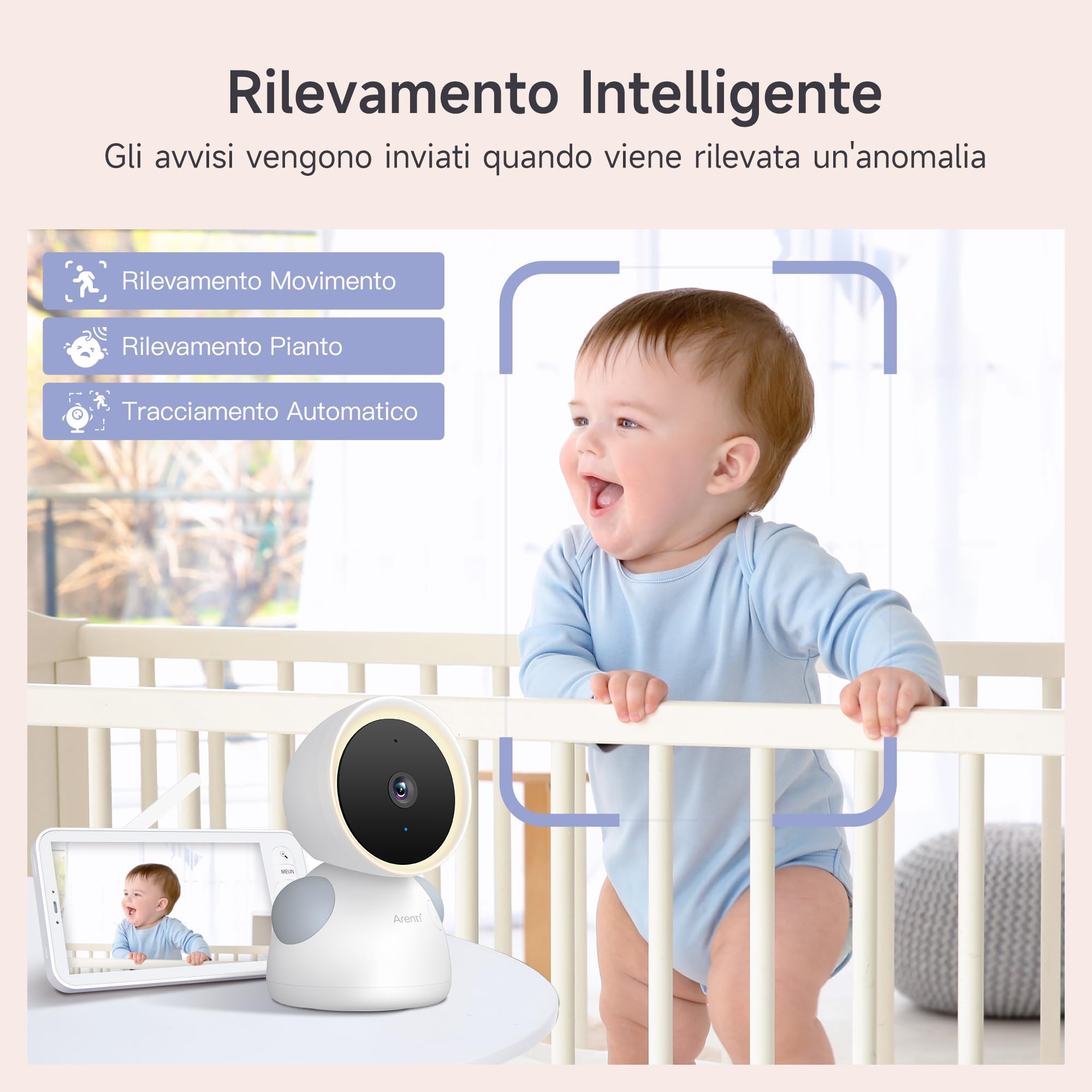 Arenti Baby Monitor Video e Audio con 2 Telecamere, 2K Telecamera Bambini con Monitor 5'', Rilevamento di Temperatura/Umidità e Suoni/Movimenti, Promemoria di Allattamento, Ninne Nanne, Schermo Diviso
