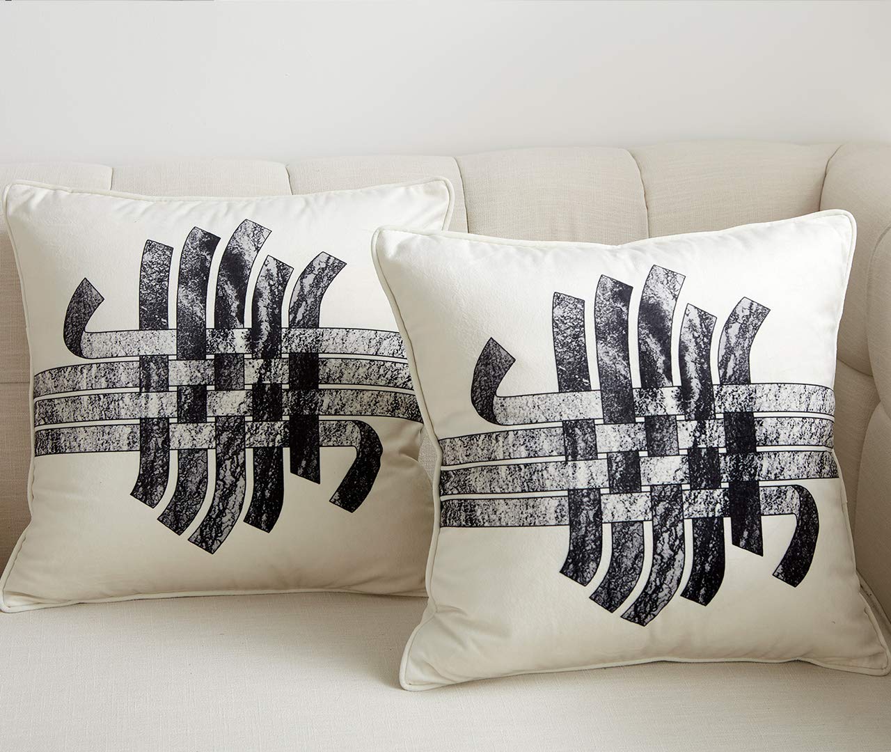 JSBYY Polyester Throw Pillow Covers Retro Style Square Soft Cushion Cases Geometric Texture Decorative 18 x 18 inch Set of 2 (White)