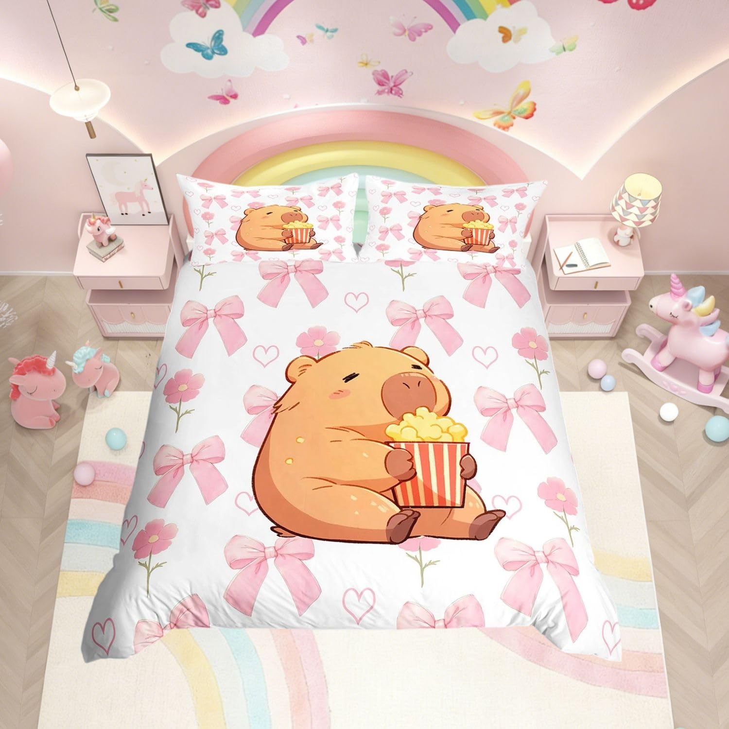 Homewish Cute Bow Super King Duvet Cover Set with 2 Pillowcases - Cartoon Capybara Bedding for Kids Girls Teens Bedroom - Pink Bowknot Florals Quilt Cover Princess Style Bed Set with Pink Reverse