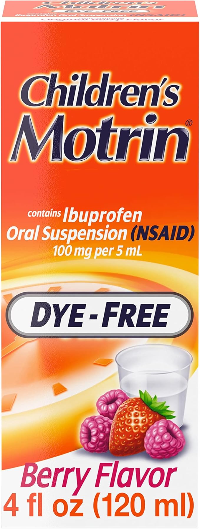 Motrin Children's Oral Suspension 100mg Ibuprofen Medicine, NSAID Fever Reducer &amp; Pain Reliever for Minor Aches &amp; Pains Due to Cold &amp; Flu, Dye Free, Alcohol-Free, Berry Flavored, 4 fl. oz
