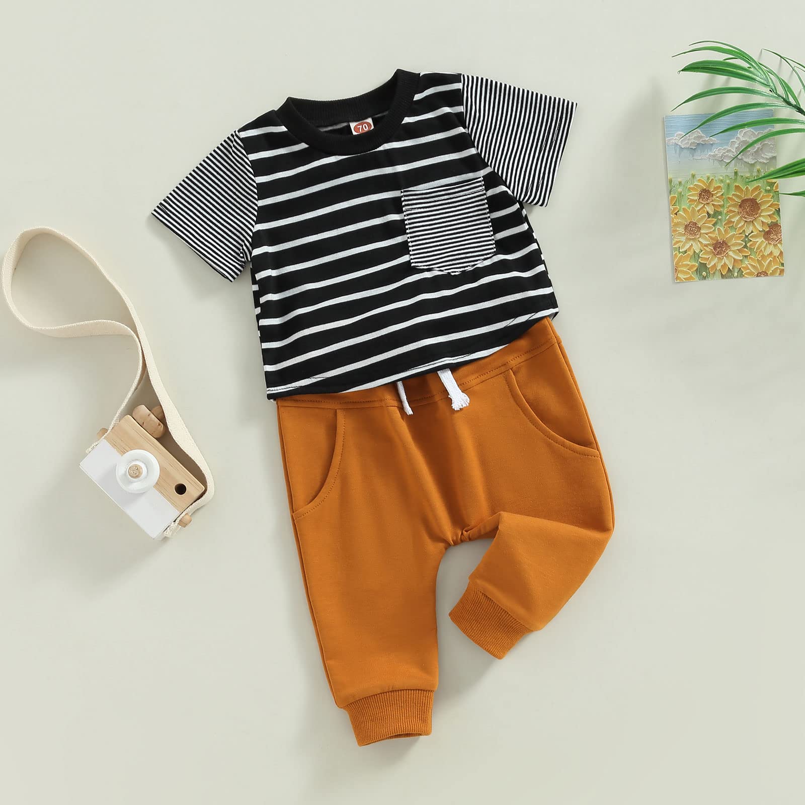 Fsadfeas Baby Boy Valentines Day Outfit Short Sleeve Lover Boy Print T-Shirt Solid Color Jogger Pants Set 2Pcs Summer Clothes (Stripe Black+Caramel,12-18 Months)