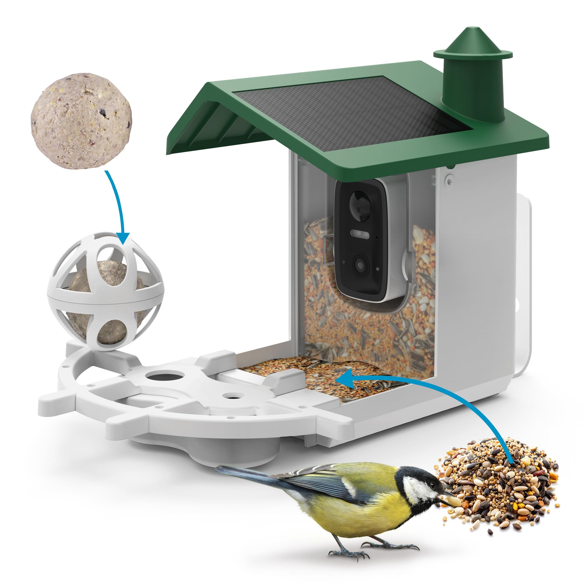 Avidsen Intelligentes Vogelhaus mit WLAN-Kamera, Full HD 1080p, Solarbetrieb, 2L Futterspender, Nachtsicht, Zwei-Wege-Audio, IP65, App-Steuerung, Grün