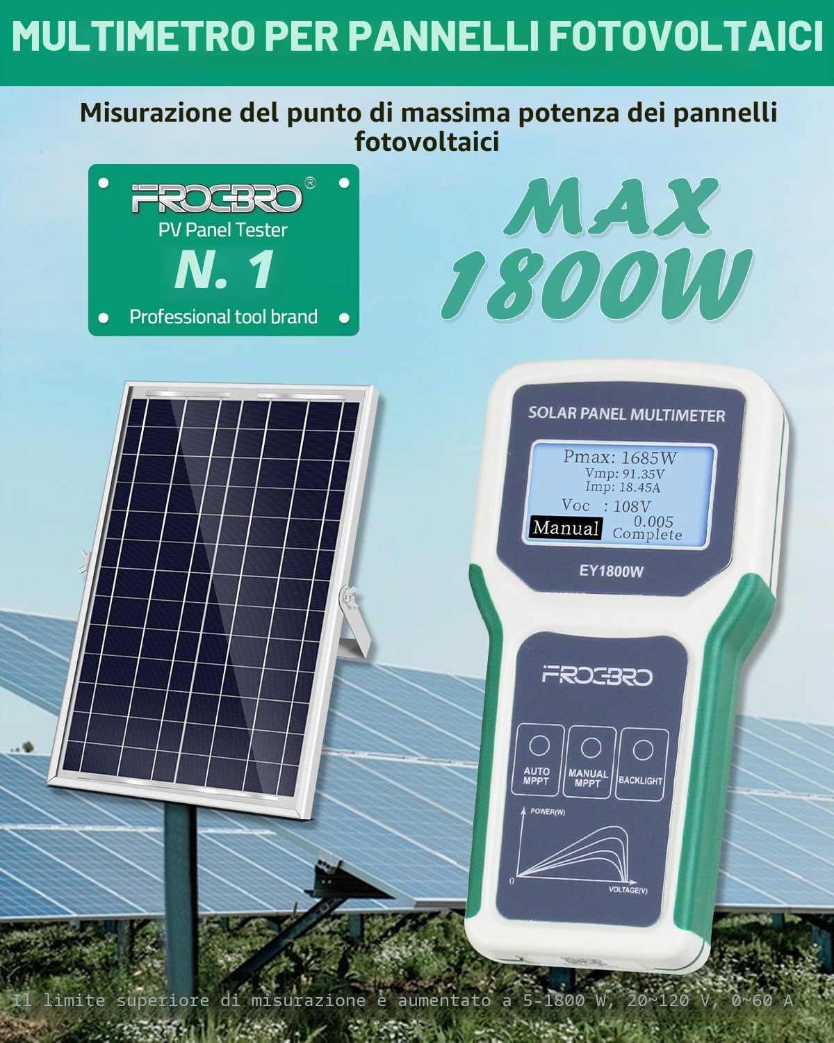 Pannello solare EY-1800 W, multimetro migliorato, con display LCD trasparente, strumento Smart MPPT per test solari