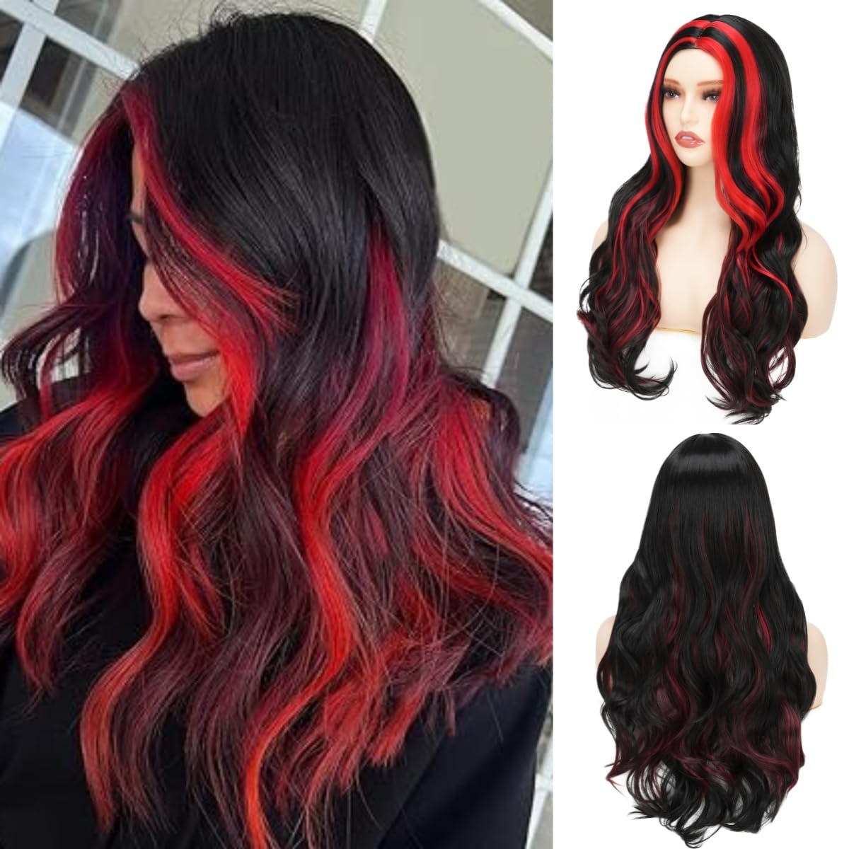 Daiaces Black and Red Long Culry Wavy wig for Women Natural Hair for Cosplay Halloween Costume Party Daily Party Use