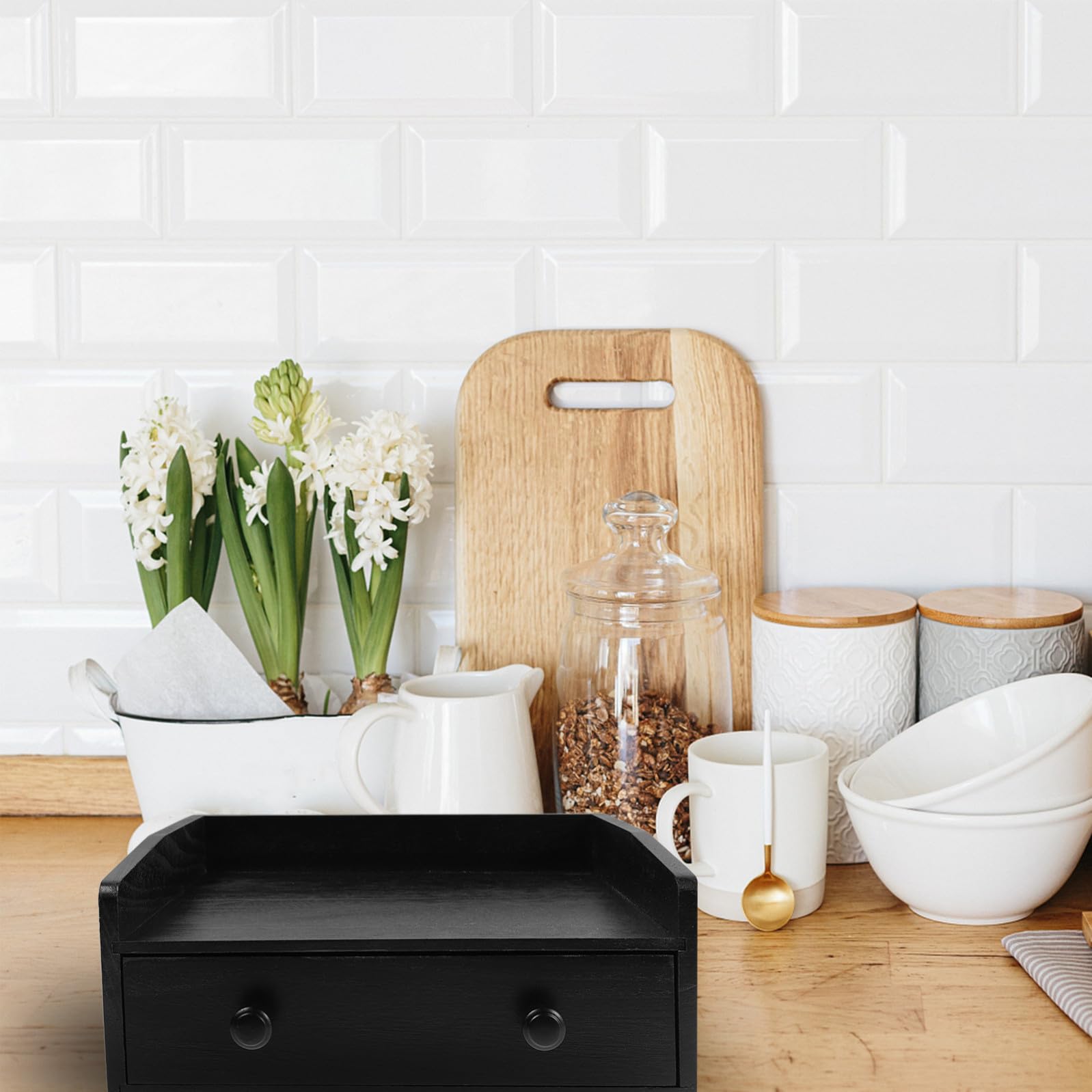 CANIGHT Scatola Portaoggetti in Legno Nero con Cassetto, Organizer per Capsule di Caffè e Tè, Grande Capacità e Robusta, per Cucina e Arredamento Casa Minimalista