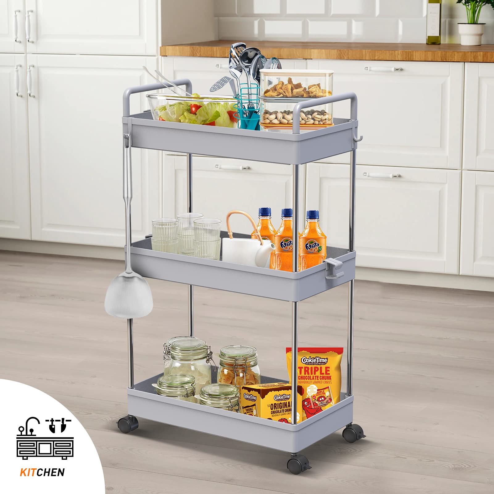 Buy Ronlap 3 Tier Grey Storage Trolley, Slide Out Storage Tower with
