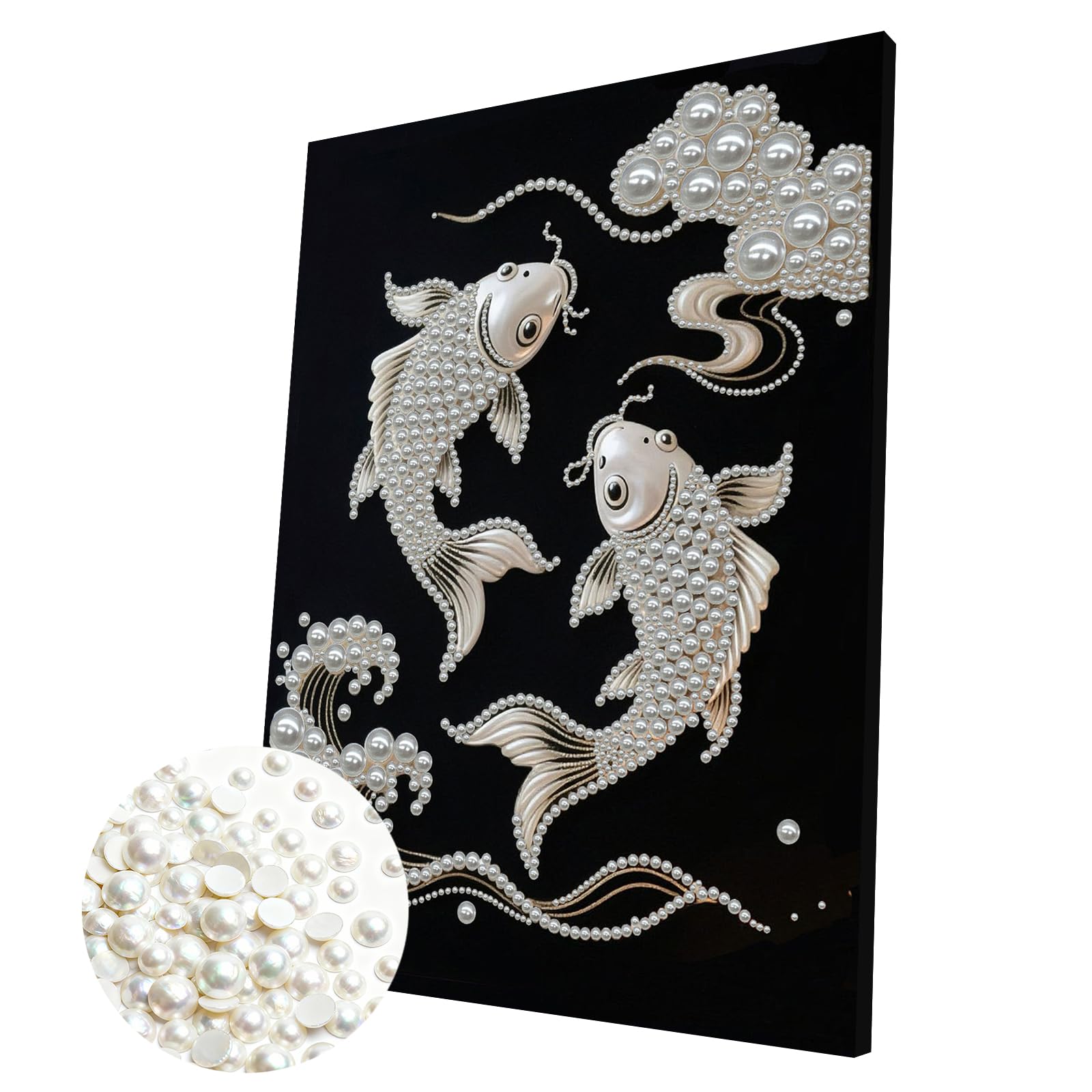 DIY Pearl Painting Kit with Wooden Frame, 3D Plastic Pearl Art Diamond Art Kits for Adults, Ready-to-Hang Home Decor, Gift for Women Beginners(Koi)(30 * 40cm)