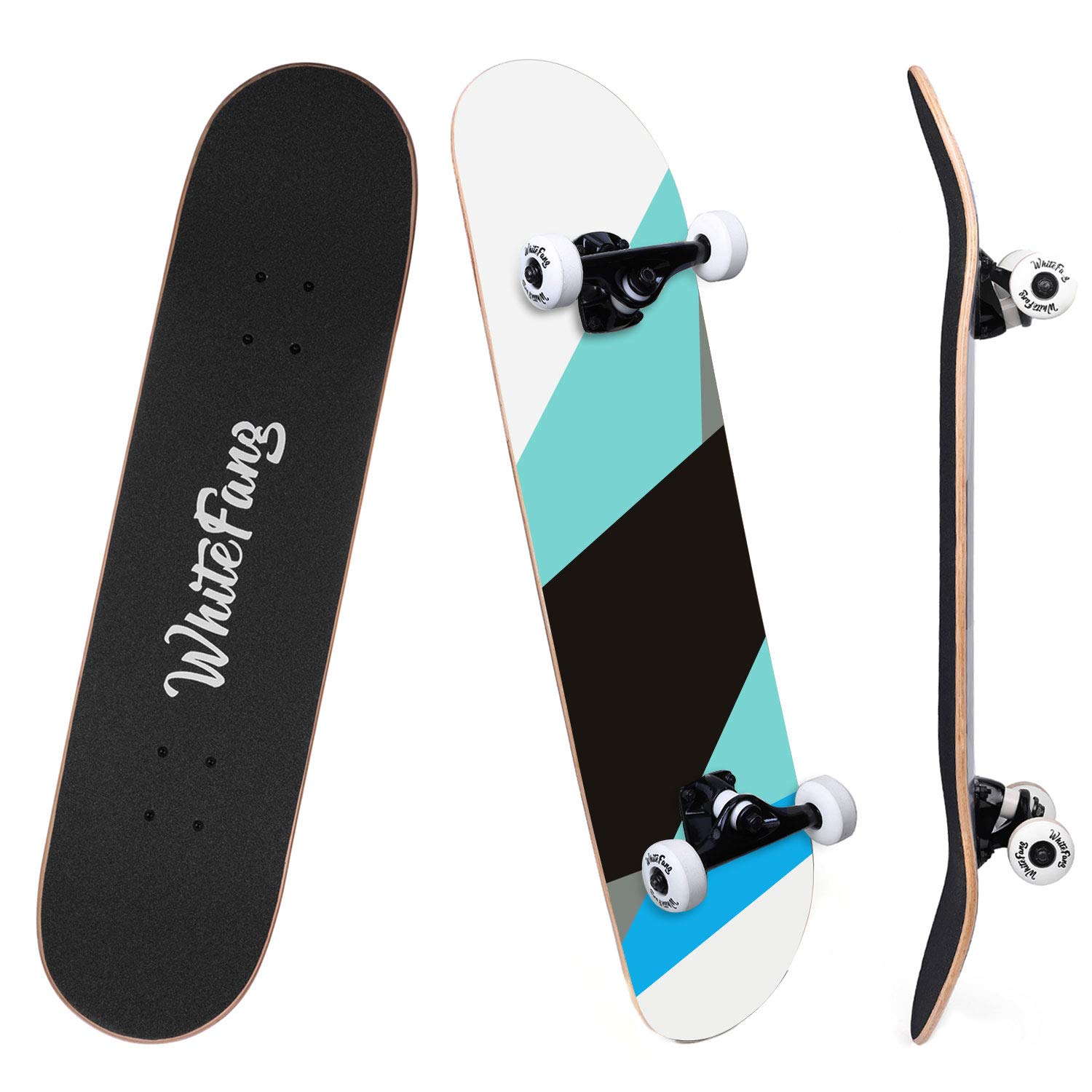 WhiteFang Skateboards for Beginners, Complete Skateboard 31 x 7.88, 7 Layer Canadian Maple Double Kick Concave Standard and Tricks Skateboards for Kids and Beginners