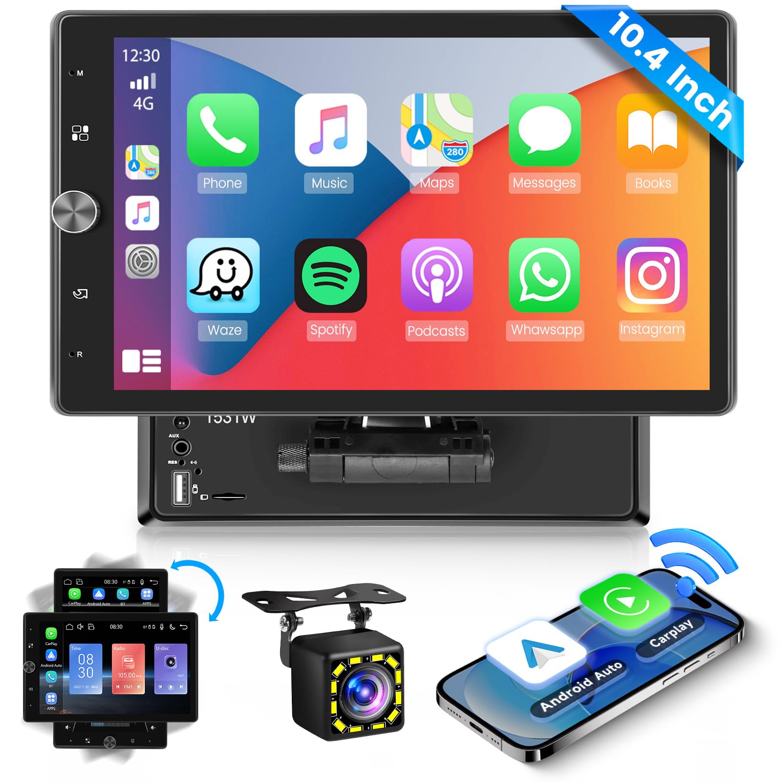 Hikity Single Din Wireless Carplay and Android Auto Car Stereo, 10.4 Inch Vertical Rotatable Touchscreen Bluetooth Car Radio with Backup Camera USB AUX FM