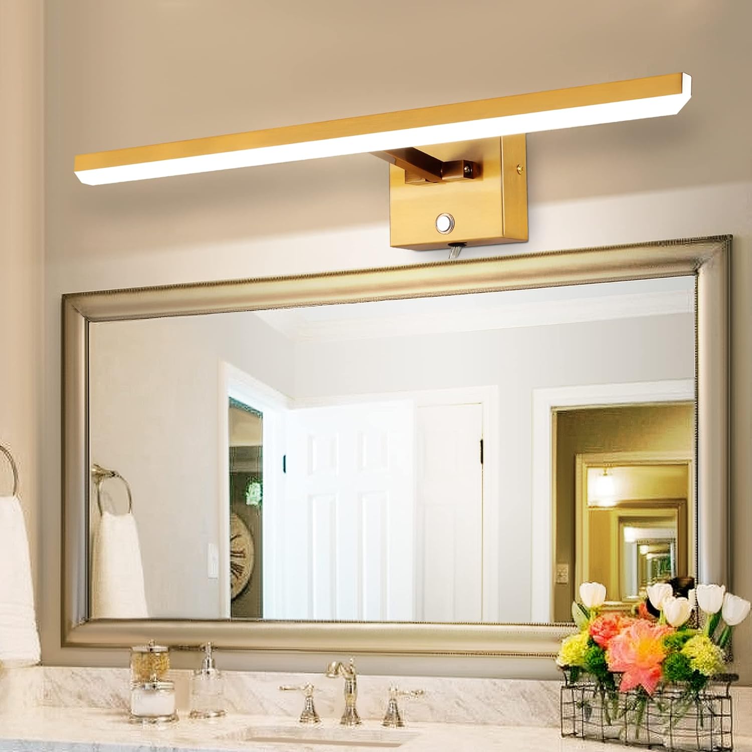 MantoLite LED Dimmable Bathroom Vanity Light Fixture 22inch Cabinet Picture Wall Lights, Indoor Lighting Wall Sconce with Ajustable Arm Bedside Lamp, Pulg in Display Lamps (Brass 6000K 12W) Brass 22 inch